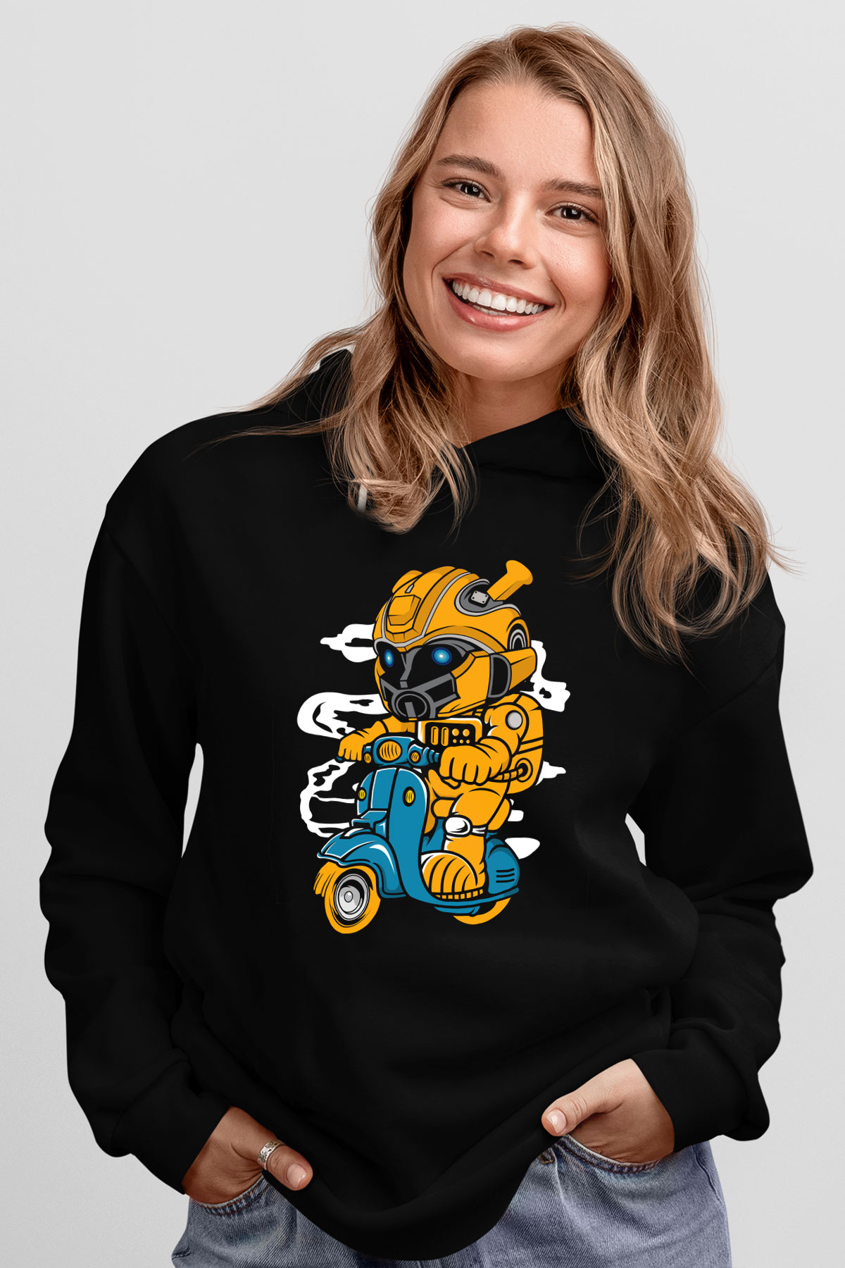 Bumble Bee Scooter Baskılı Unisex Siyah Hoodie