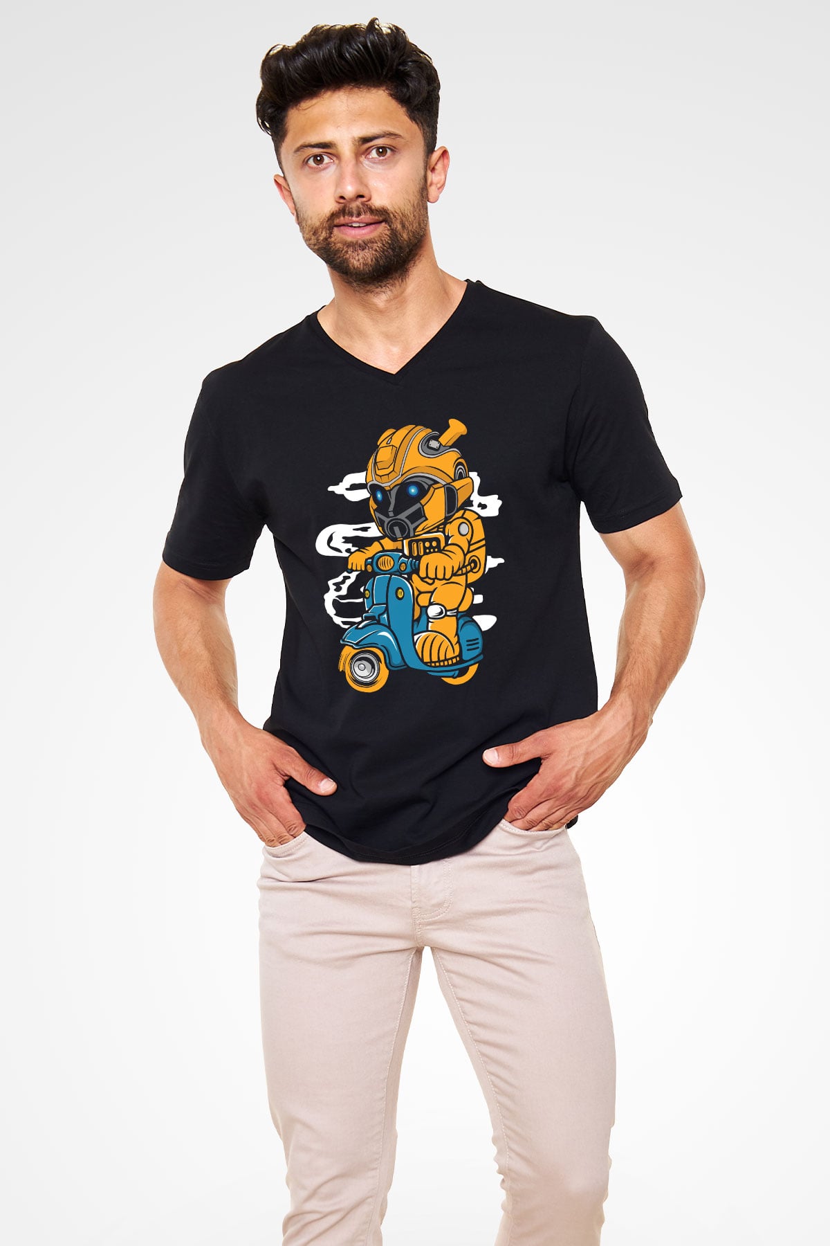 Bumble Bee Scooter Baskılı Unisex Siyah V Yaka Tişört