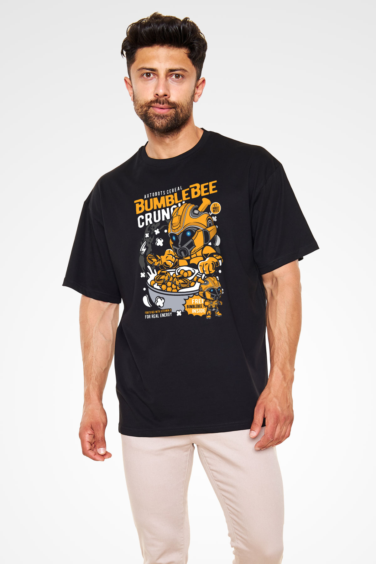 Bumblebee Crunch Baskılı Unisex Siyah Oversize Tişört