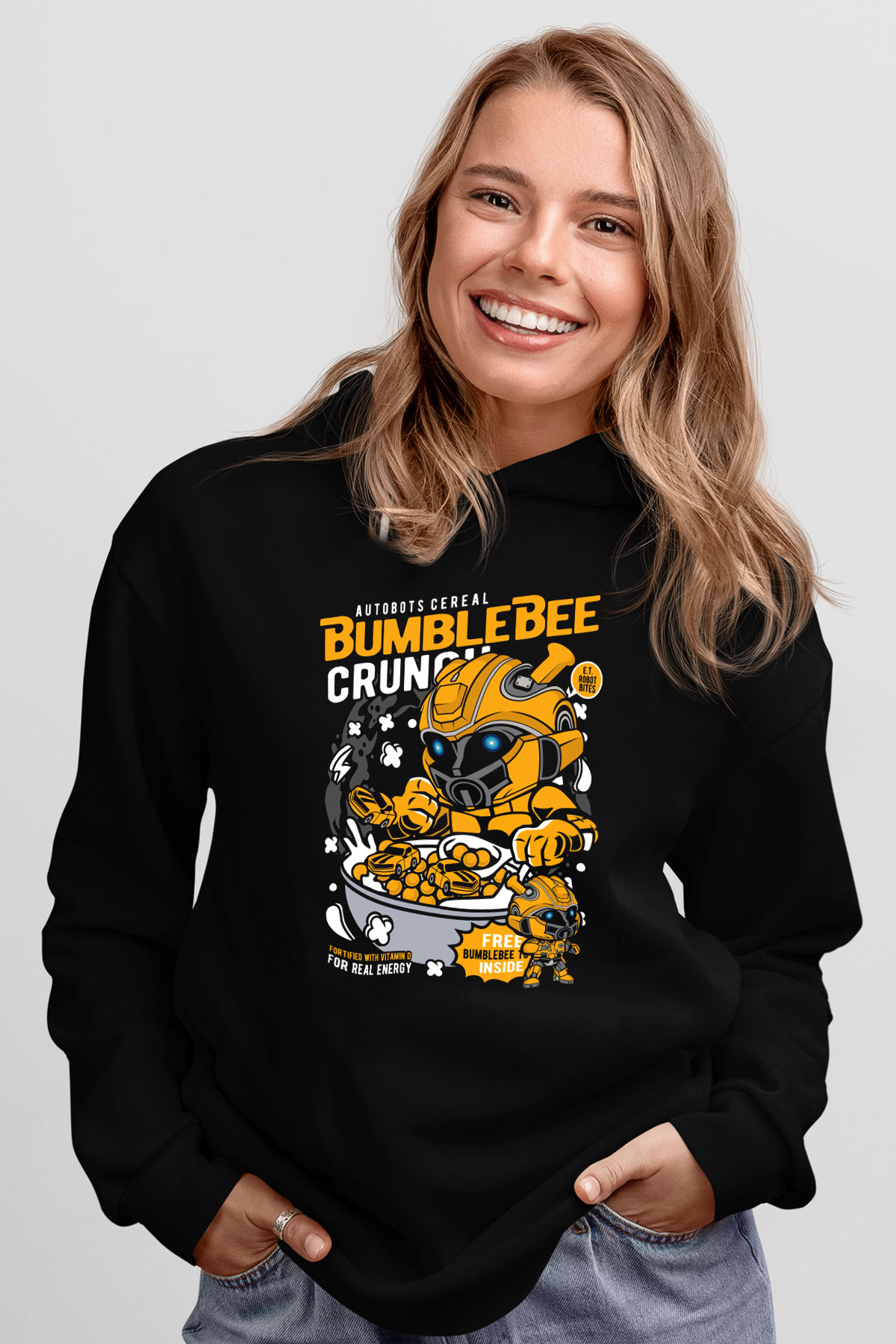 Bumblebee Crunch Baskılı Unisex Siyah Hoodie