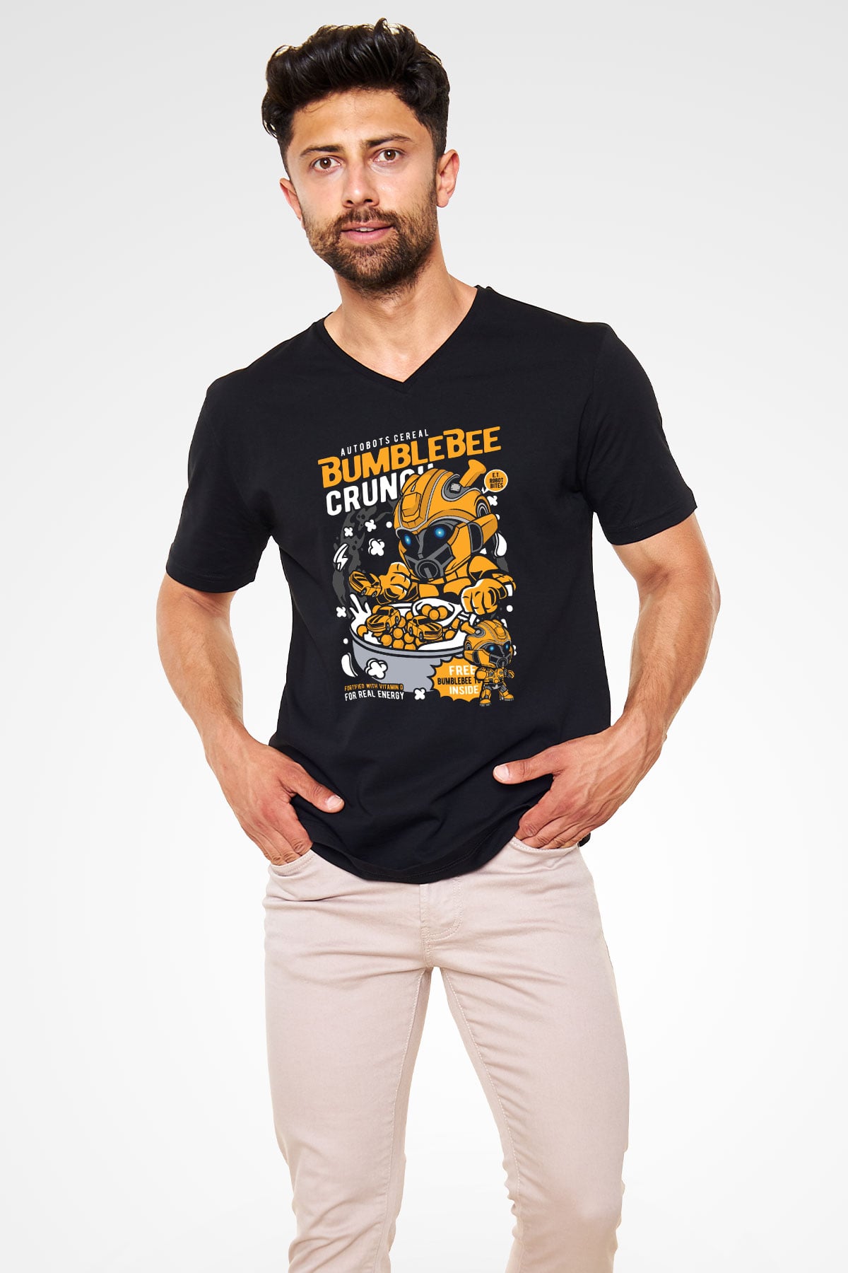 Bumblebee Crunch Baskılı Unisex Siyah V Yaka Tişört