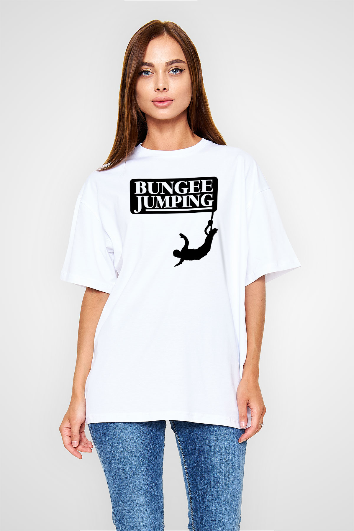 Bungee Jumping Baskılı Unisex Beyaz Oversize Tişört - Tshirt