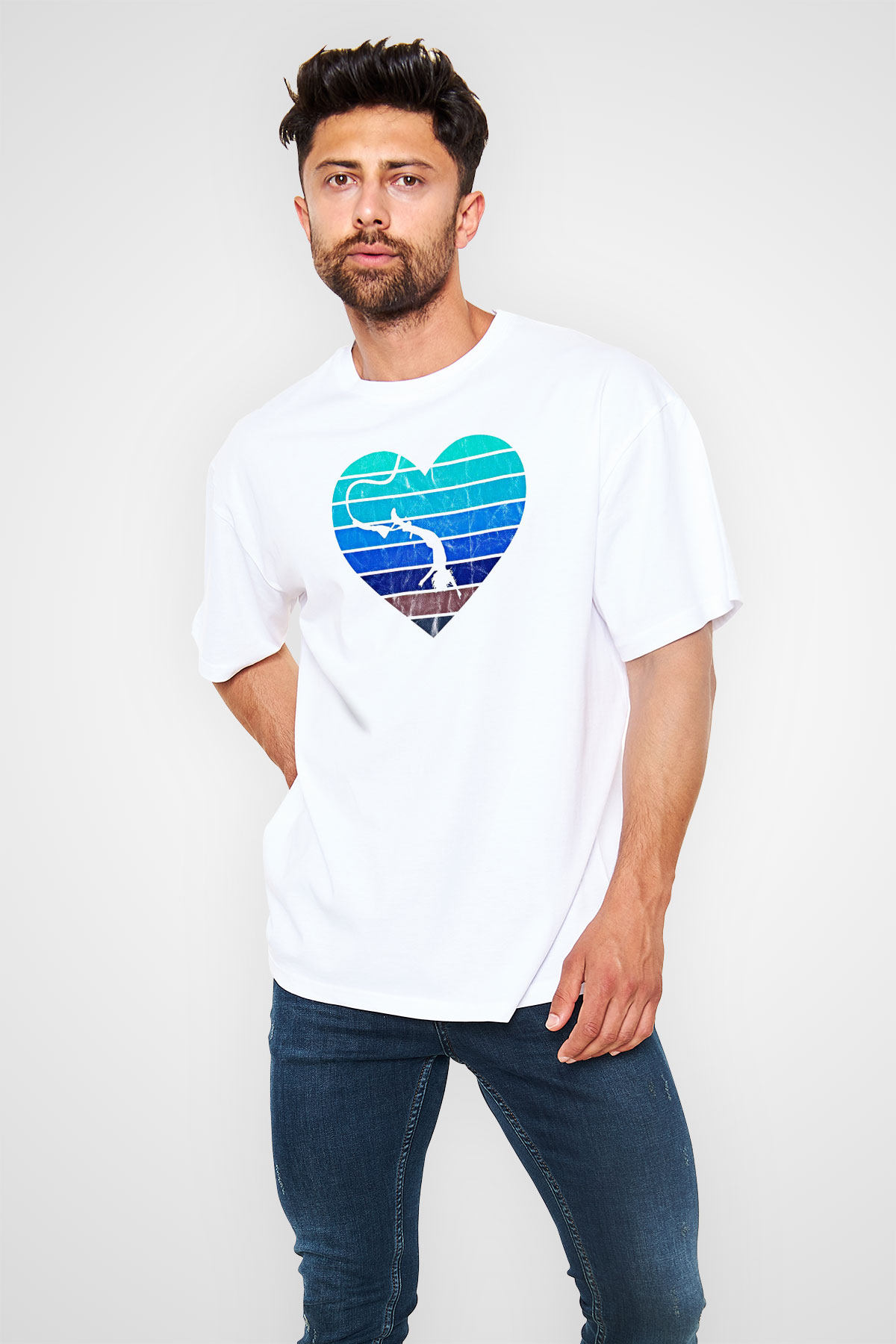 Bungee Jumping Baskılı Unisex Beyaz Oversize Tişört - Tshirt