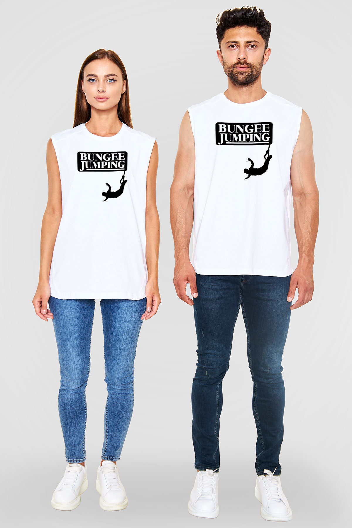 Bungee Jumping Baskılı Unisex Kolsuz Beyaz Tişört
