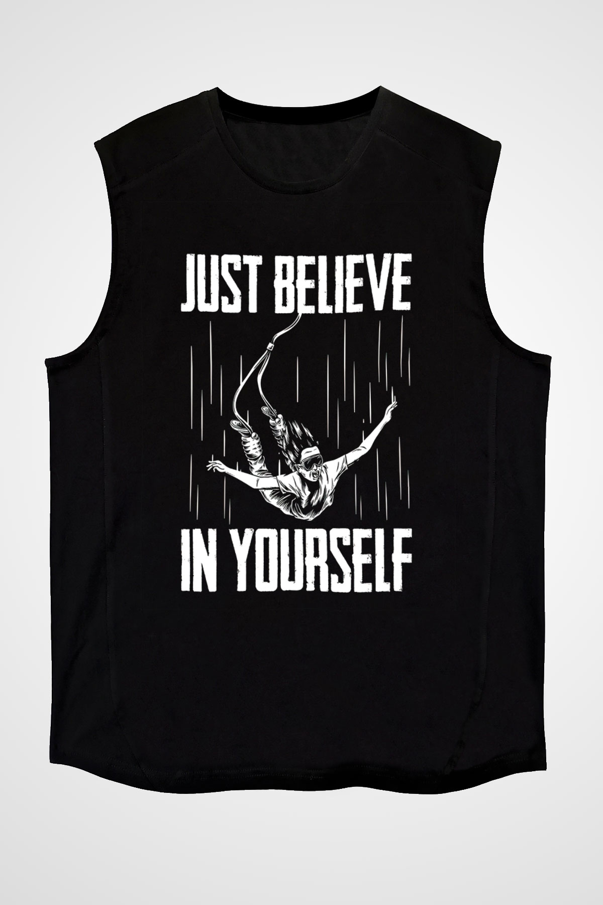Bungee Jumping Baskılı Unisex Siyah Kolsuz Tişört