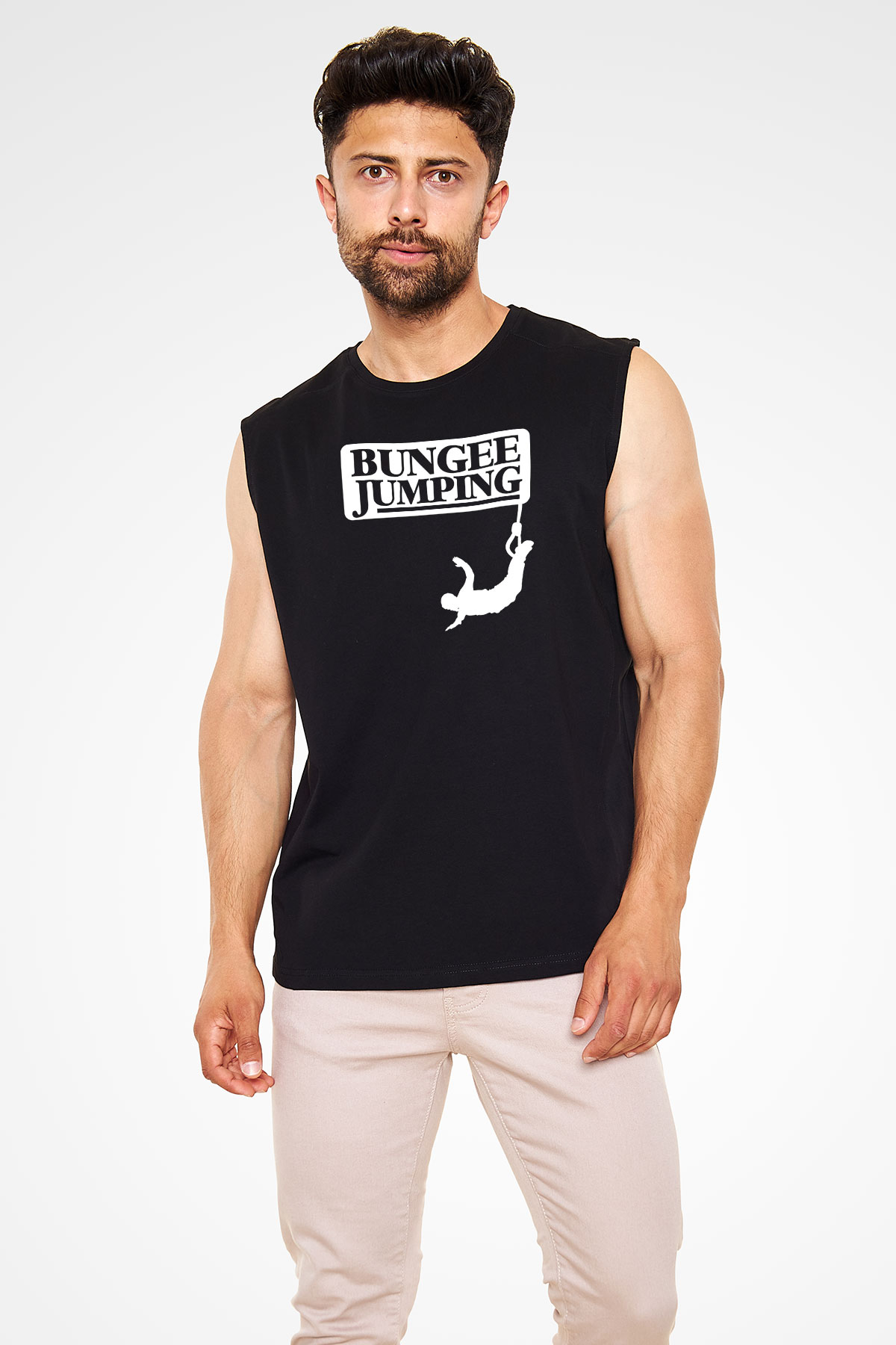 Bungee Jumping Baskılı Unisex Siyah Kolsuz Tişört