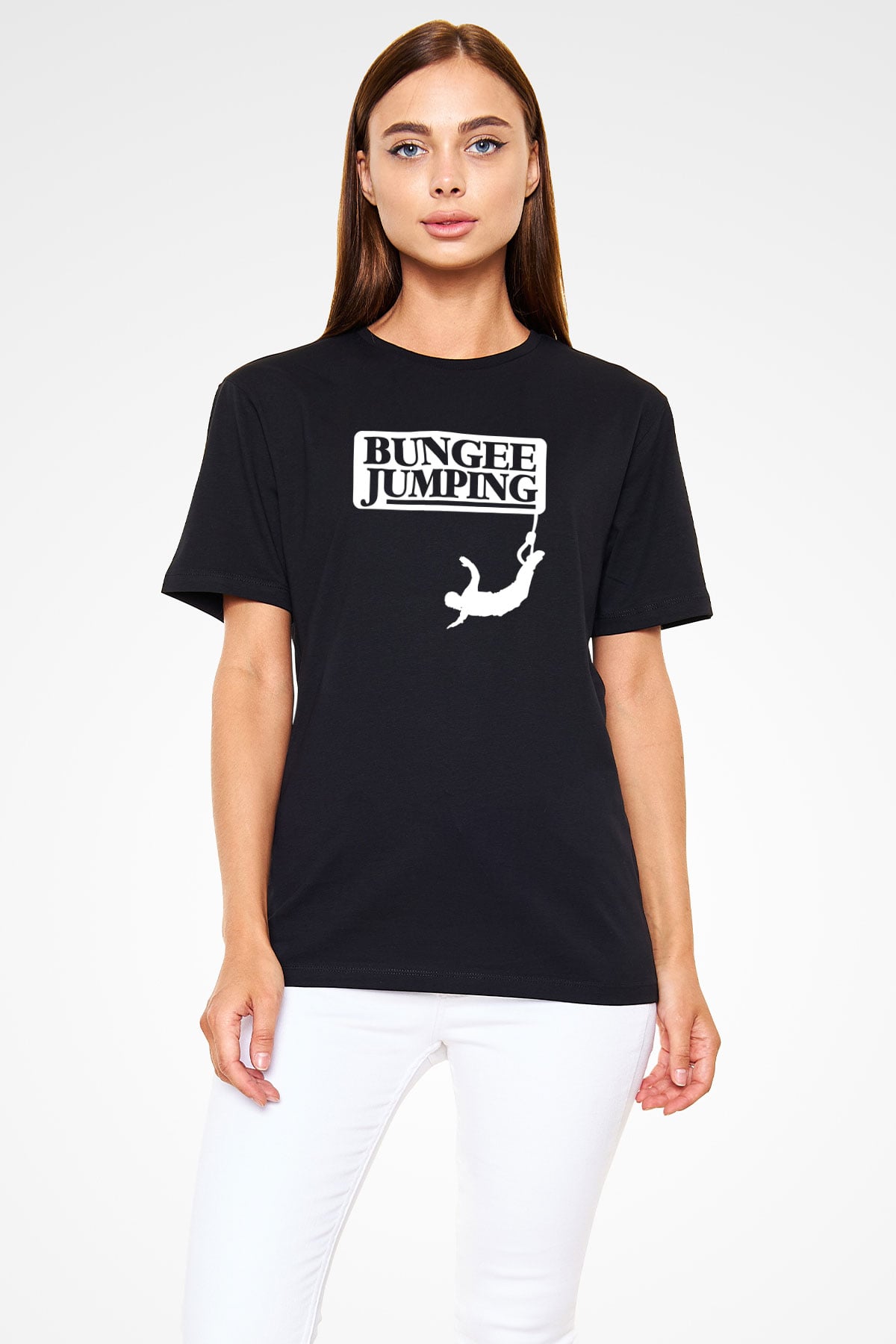 Bungee Jumping Baskılı Unisex Siyah Tişört - Tshirt