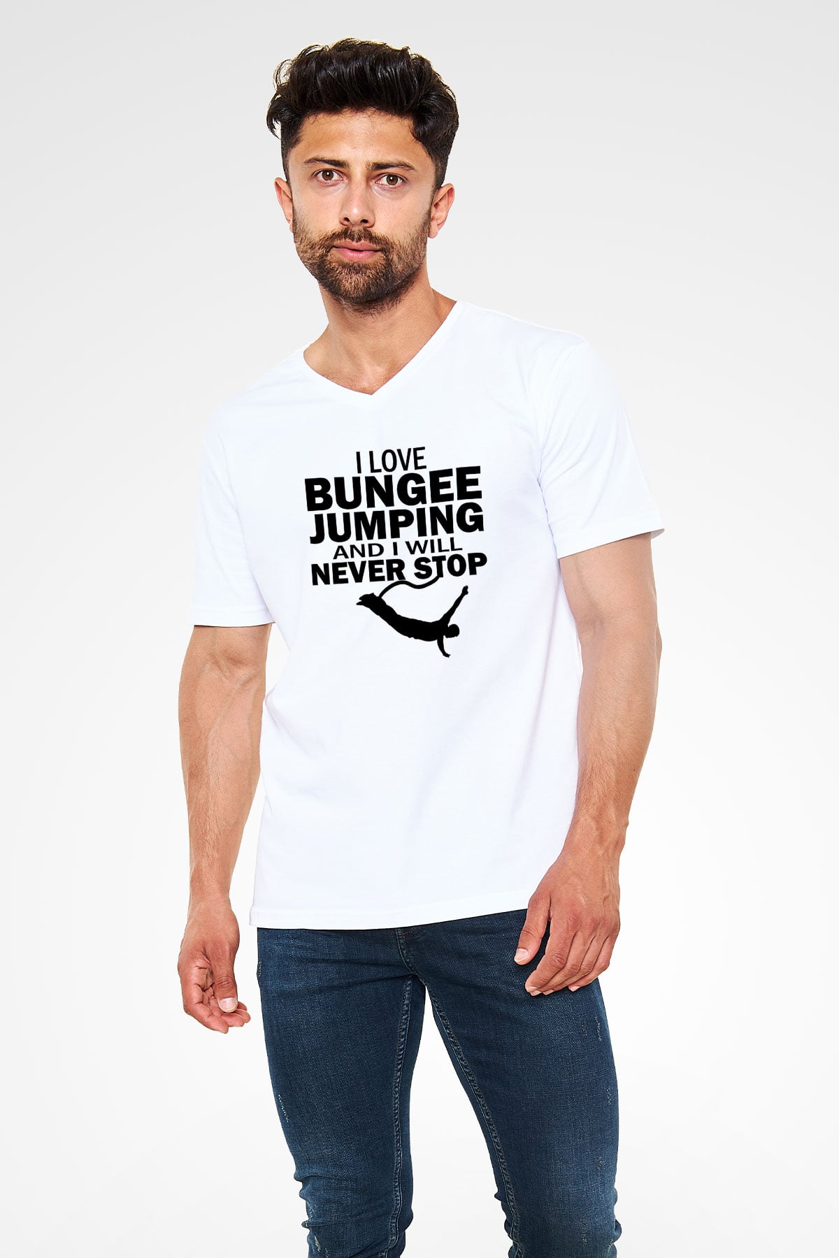 Bungee Jumping Baskılı Unisex V Yaka Tişört - Tshirt