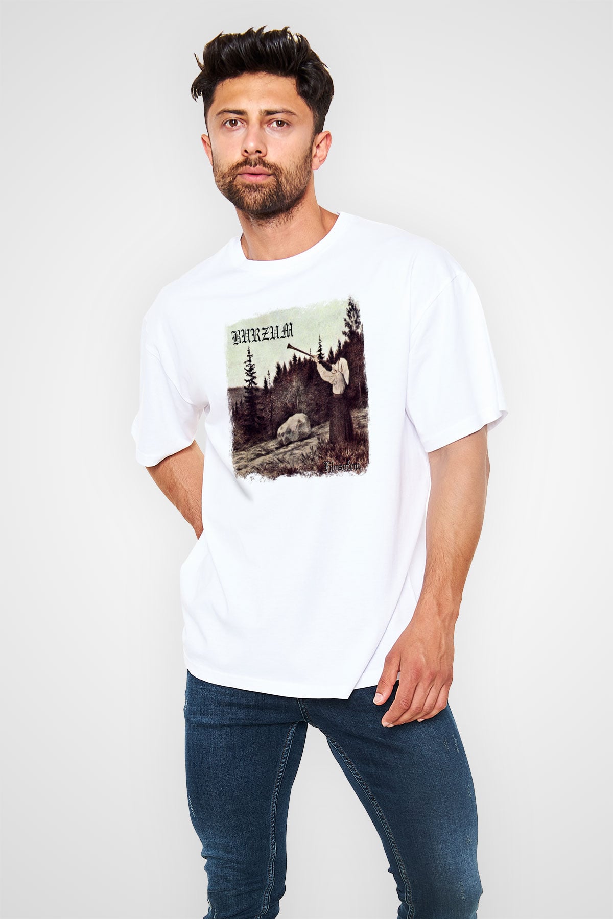 Burzum Baskılı Unisex Beyaz Oversize Tişört