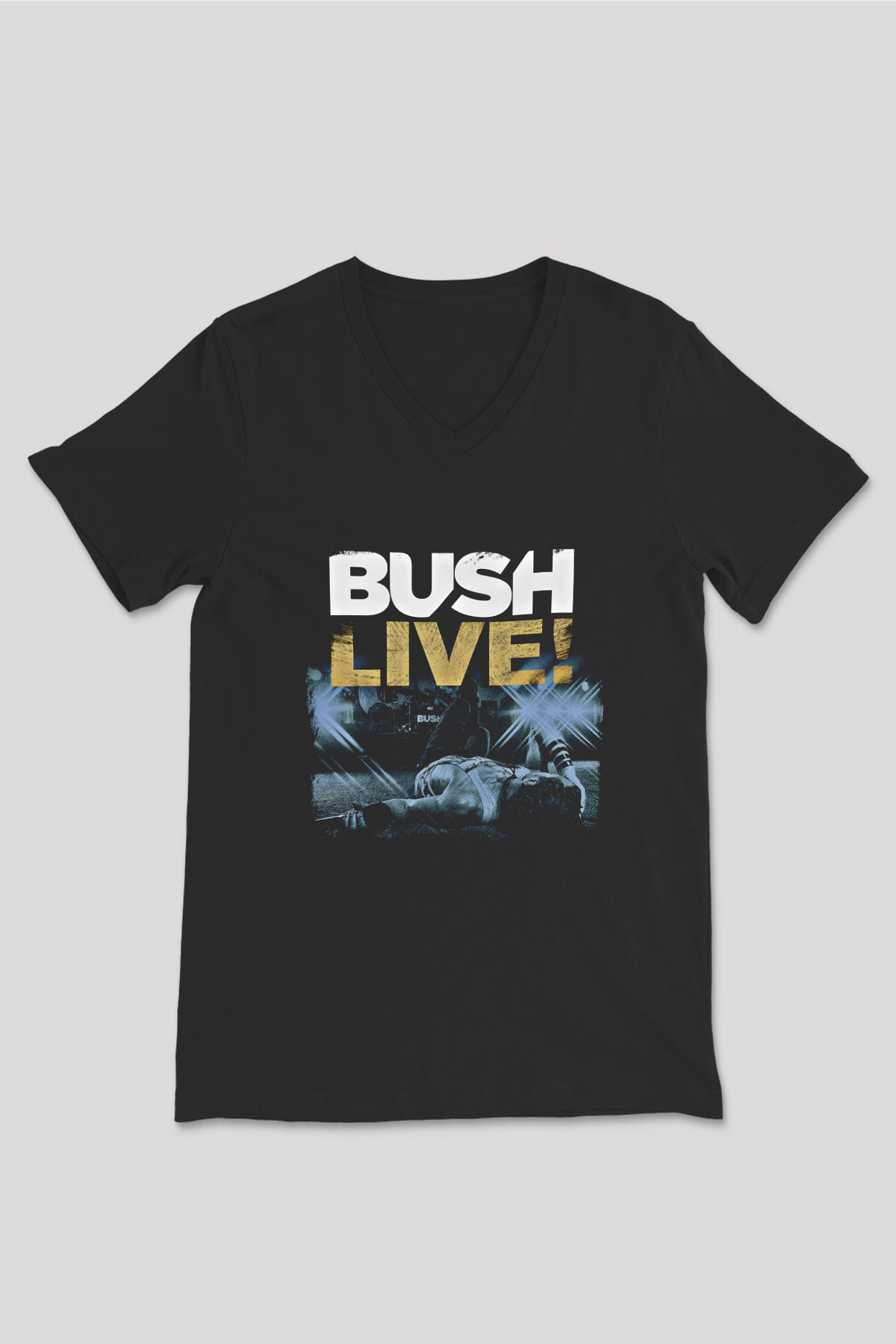 Bush Baskılı Unisex Siyah V Yaka Tişört