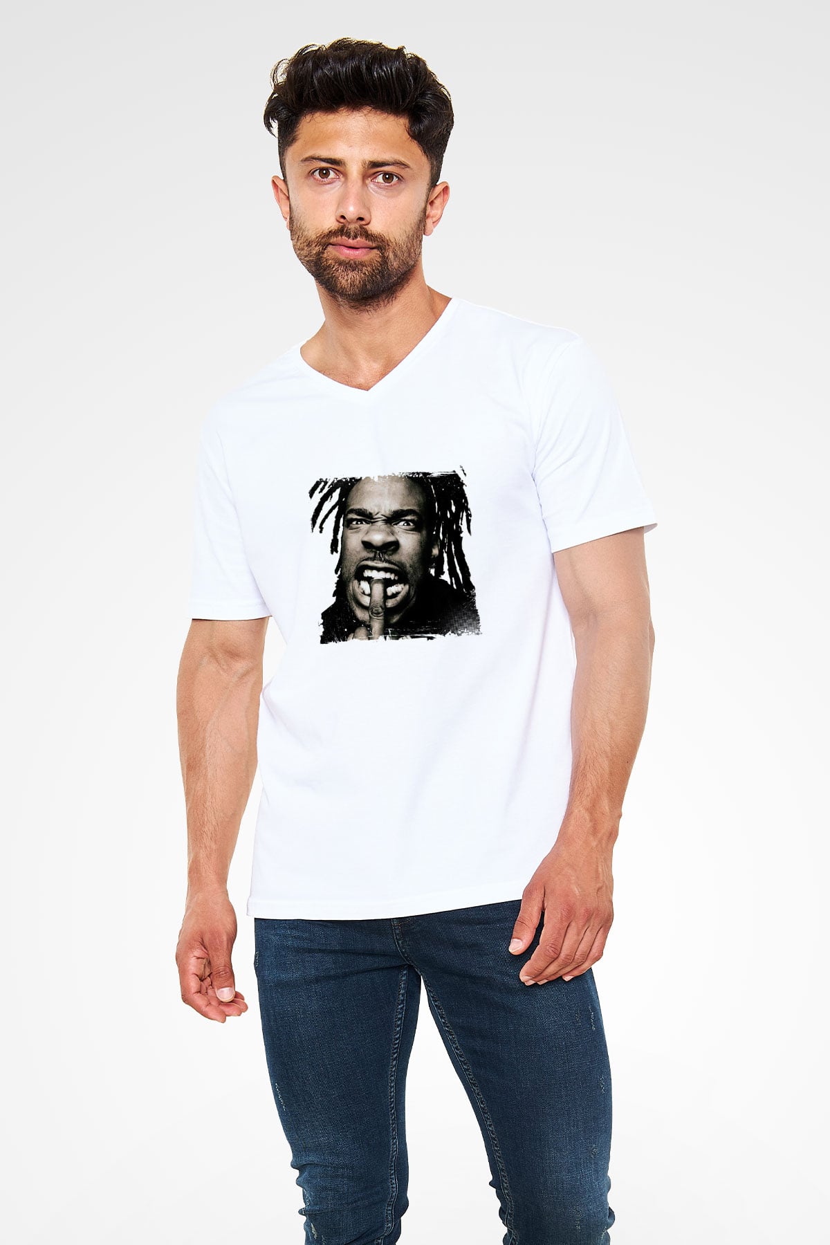 Busta Rhymes Baskılı Beyaz V Yaka Unisex Tişört