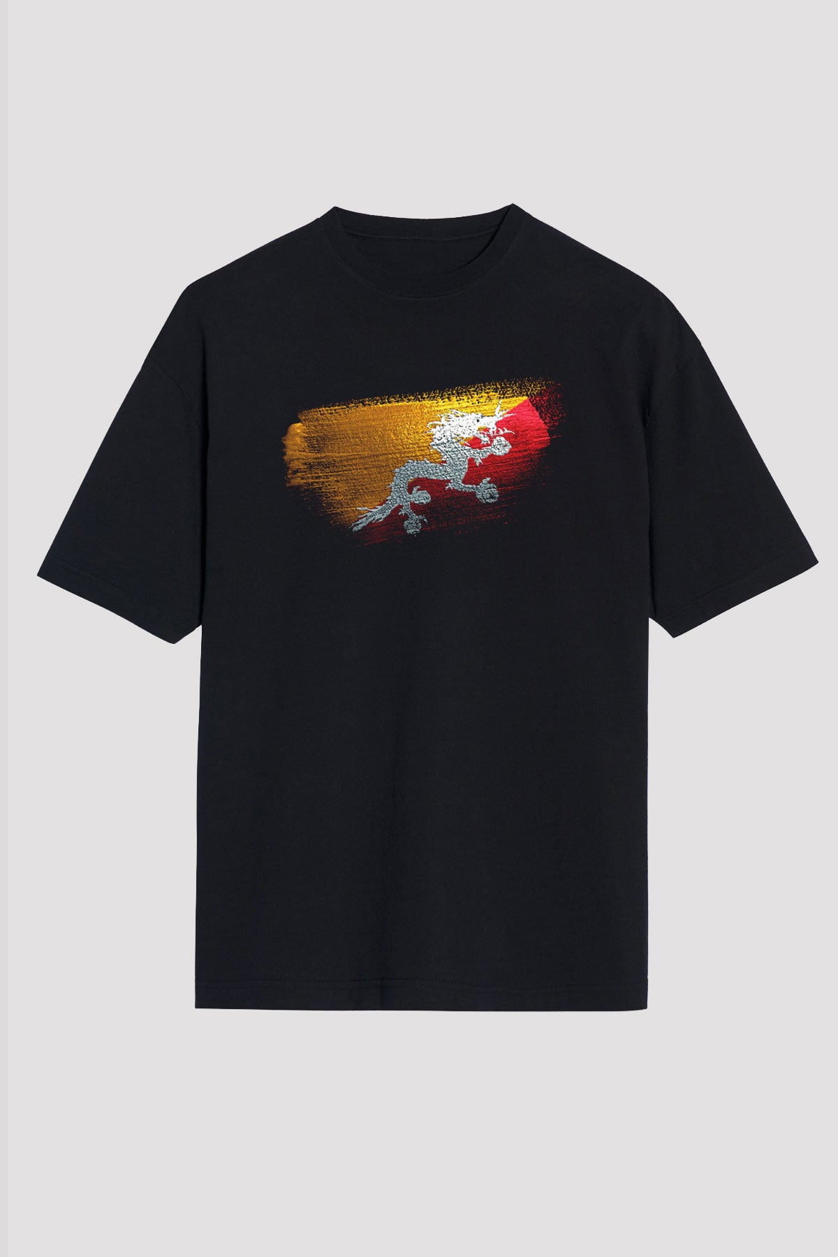 Butan - Bhutan Bayrağı Baskılı Unisex Siyah Oversize Tişört