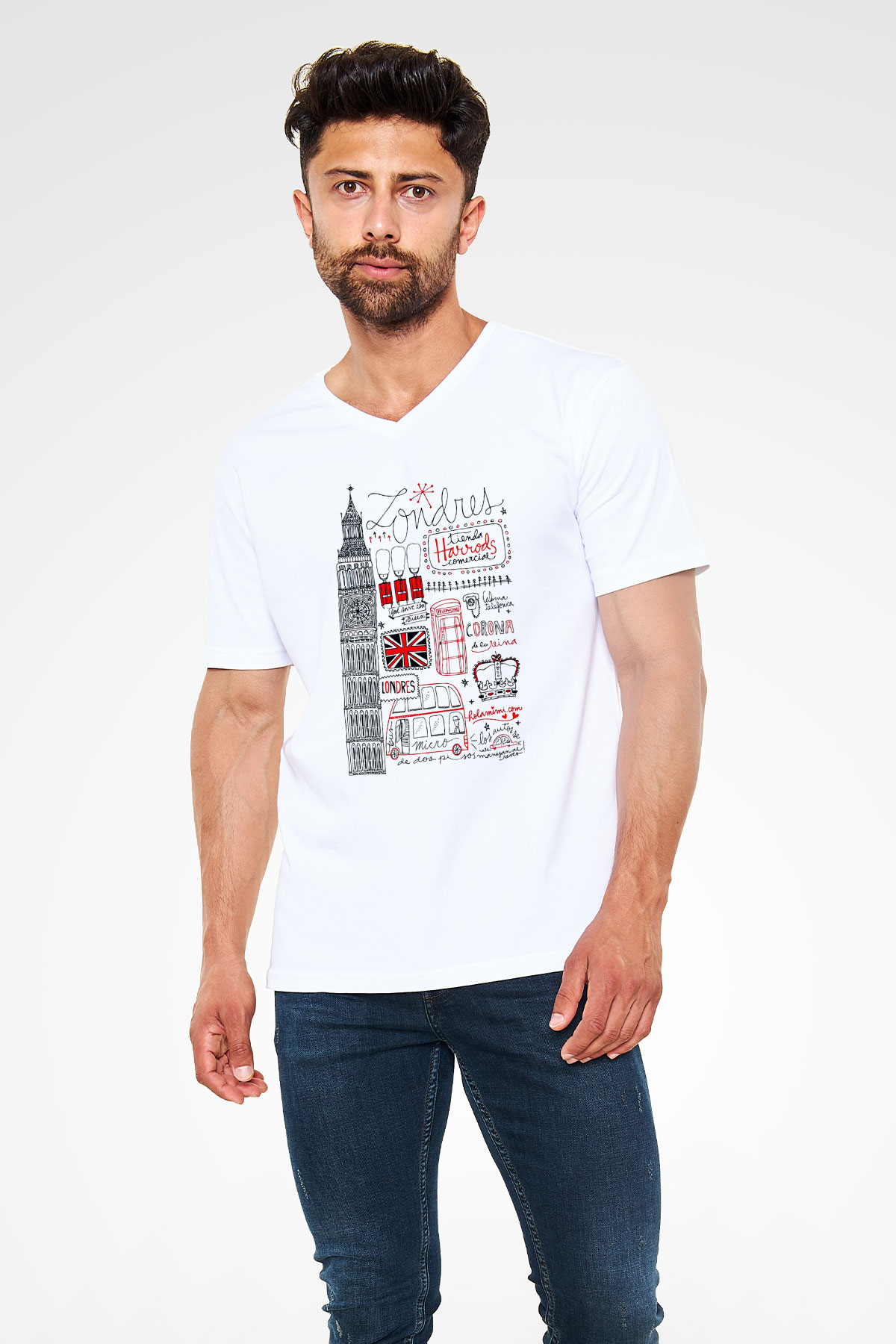 Büyük Britanya Beyaz Unisex V Yaka Tişört T-Shirt
