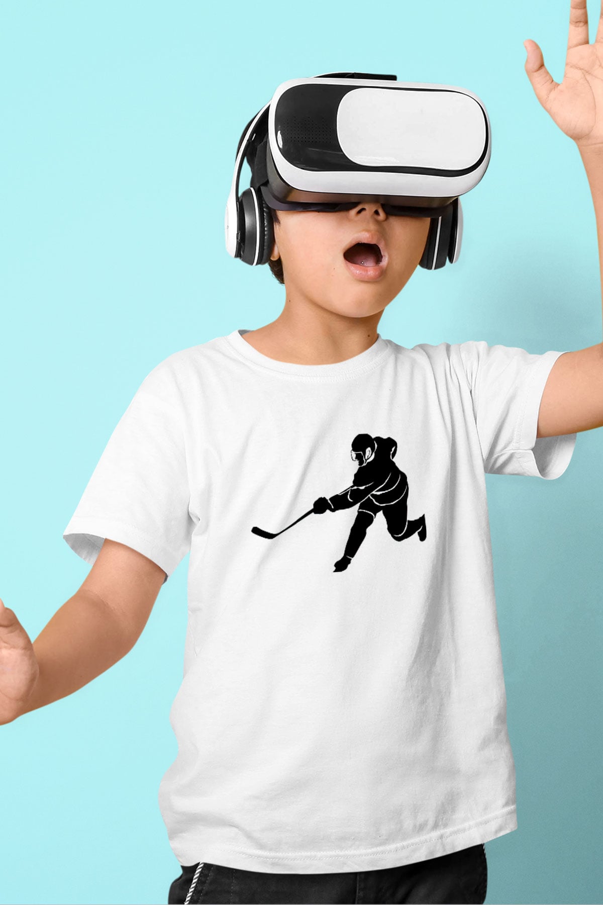 Buz Hokeyi Baskılı Unisex Beyaz Çocuk Tişört - Tshirt