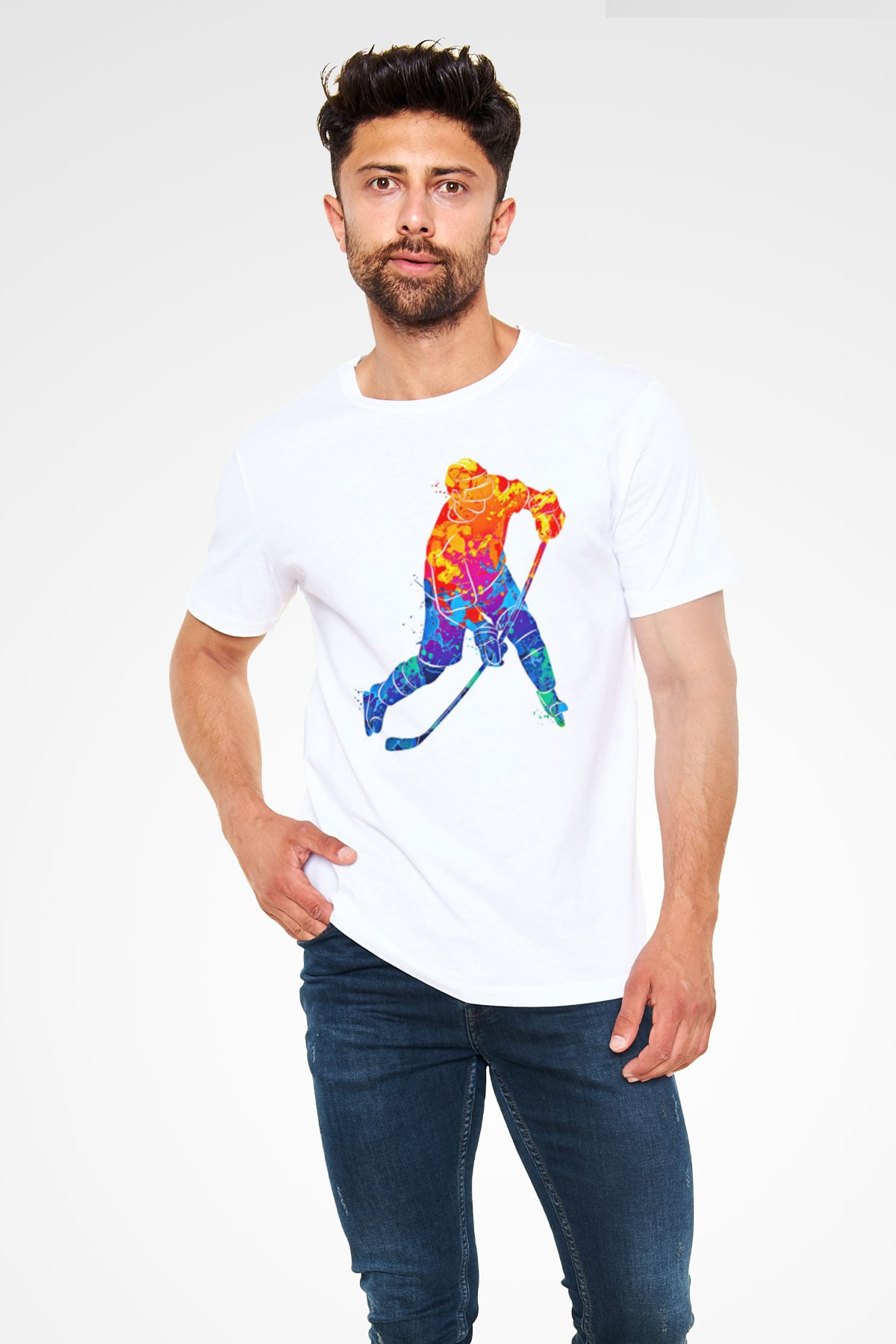 Buz Hokeyi Baskılı Unisex Beyaz Tişört - Tshirt