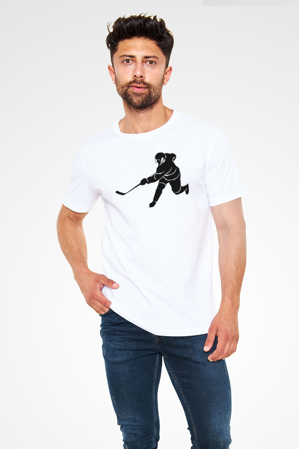 Buz Hokeyi Baskılı Unisex Beyaz Tişört - Tshirt