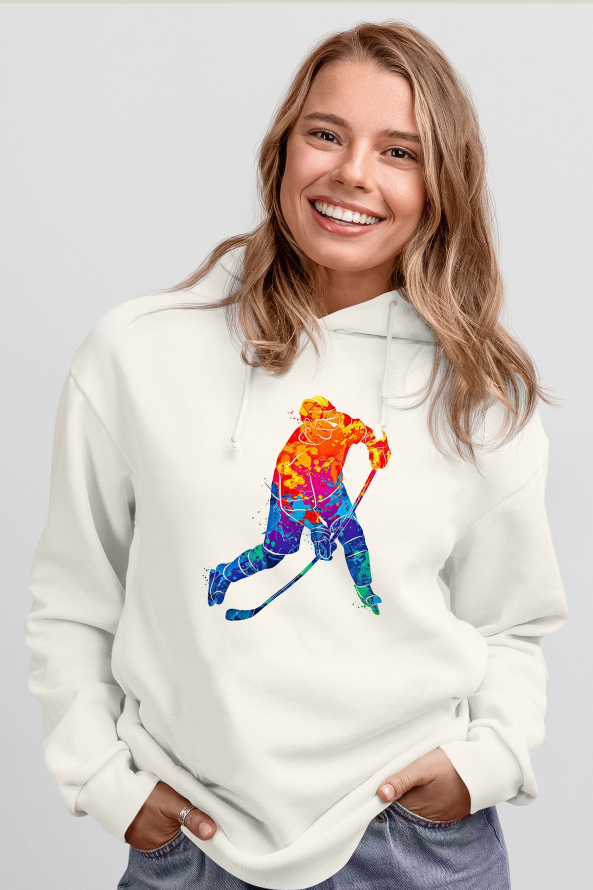 Buz Hokeyi Baskılı Unisex Ekru Hoodie