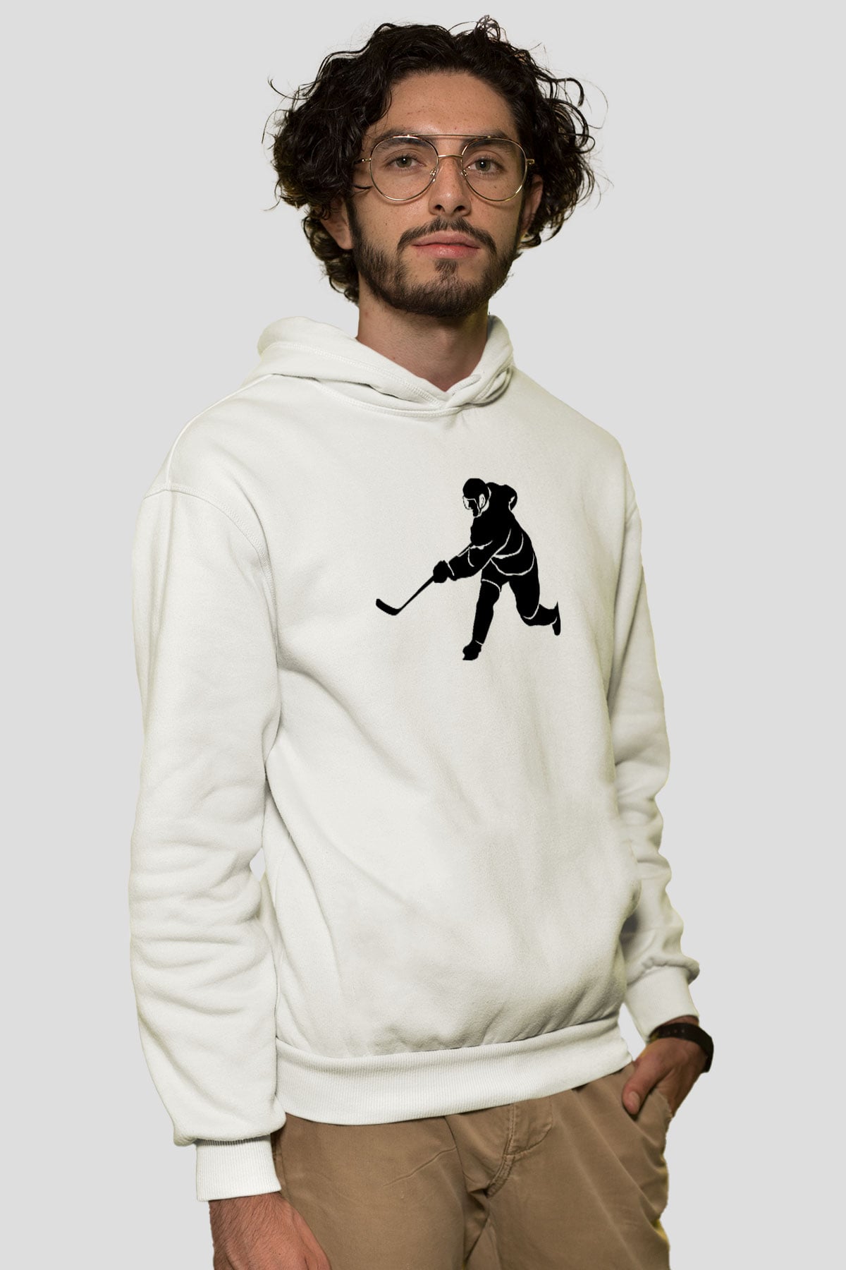 Buz Hokeyi Baskılı Unisex Ekru Hoodie