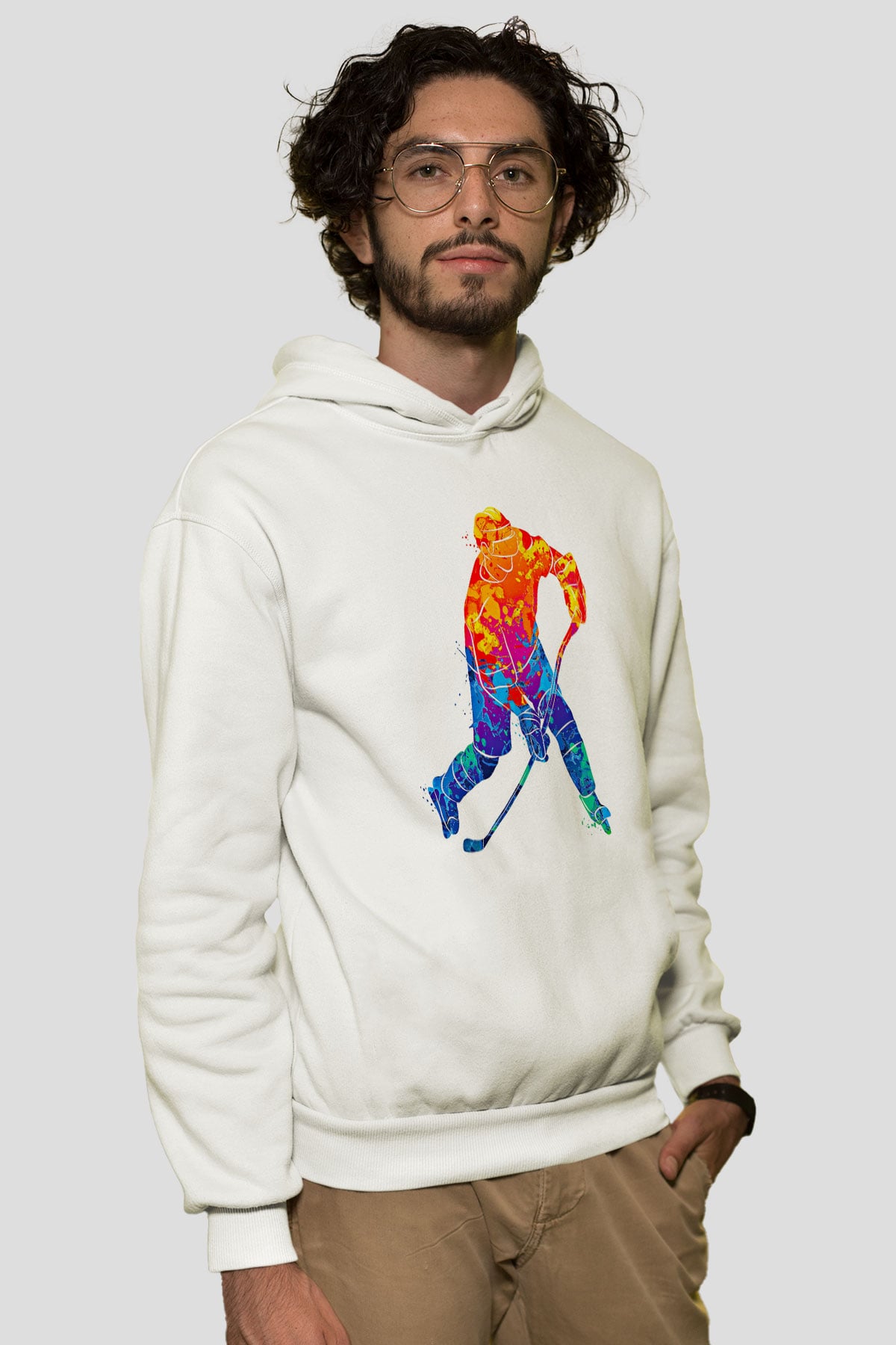 Buz Hokeyi Baskılı Unisex Ekru Hoodie