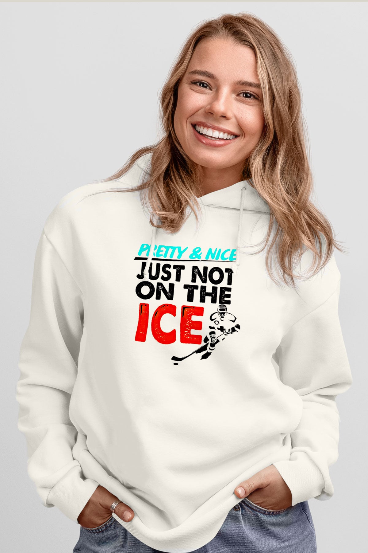 Buz Hokeyi Baskılı Unisex Ekru Hoodie