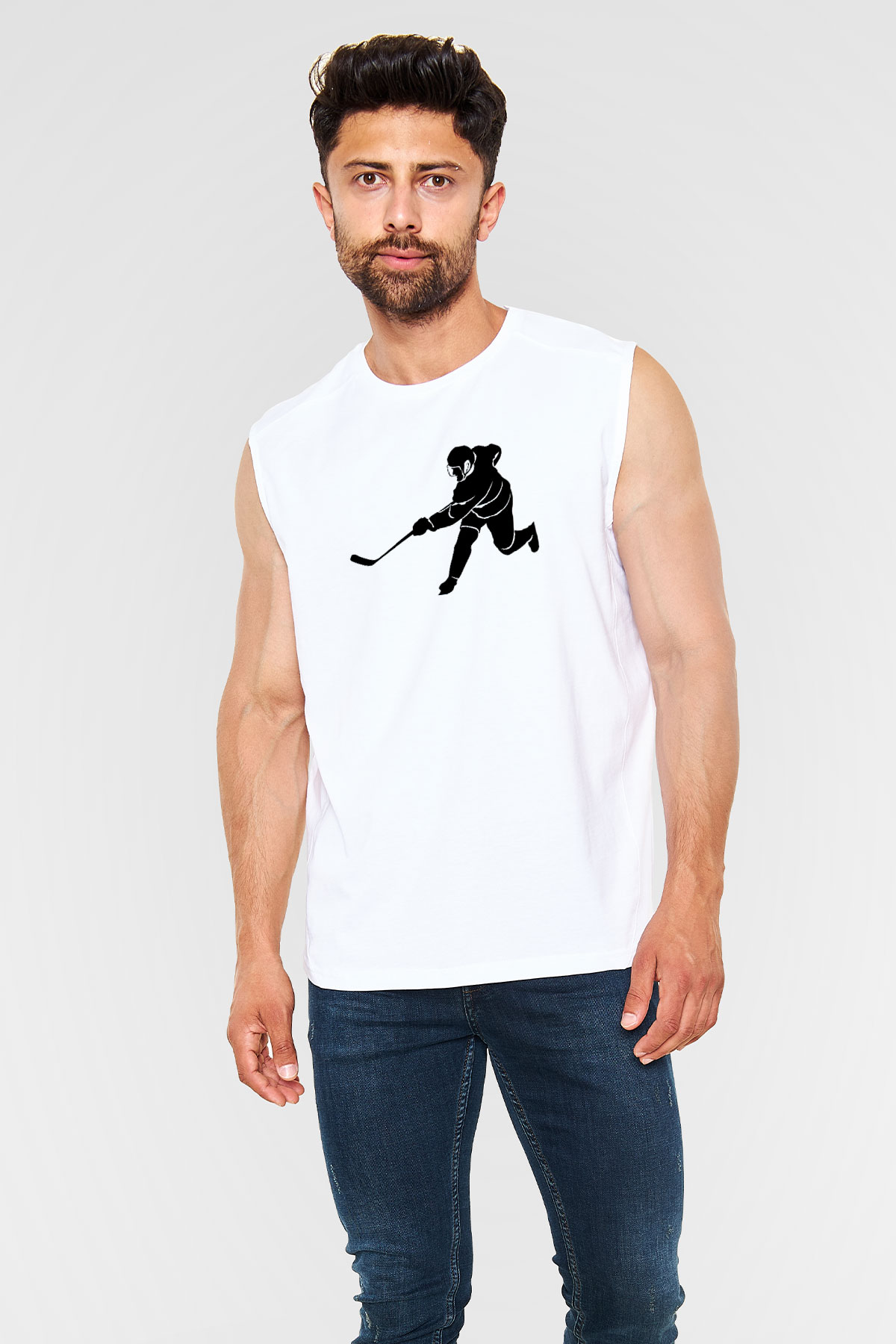 Buz Hokeyi Baskılı Unisex Kolsuz Beyaz Tişört