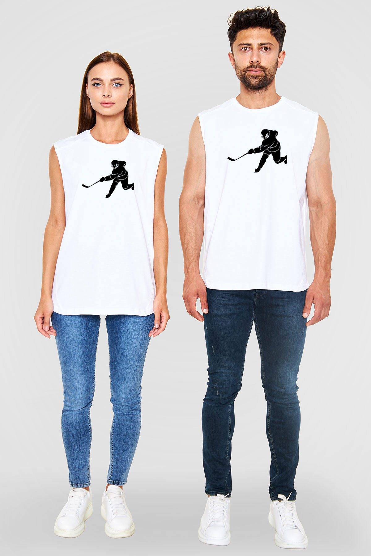 Buz Hokeyi Baskılı Unisex Kolsuz Beyaz Tişört