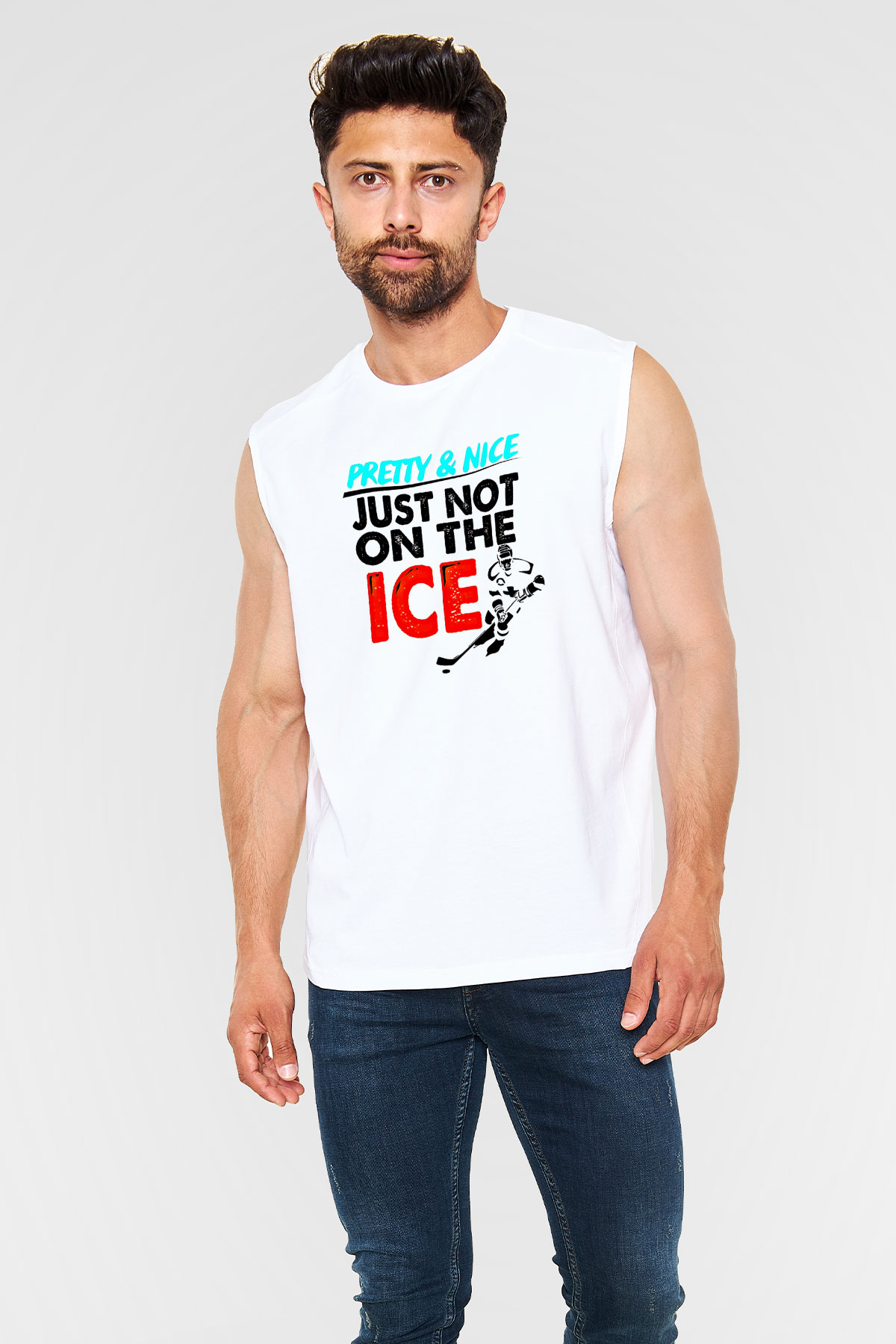 Buz Hokeyi Baskılı Unisex Kolsuz Beyaz Tişört