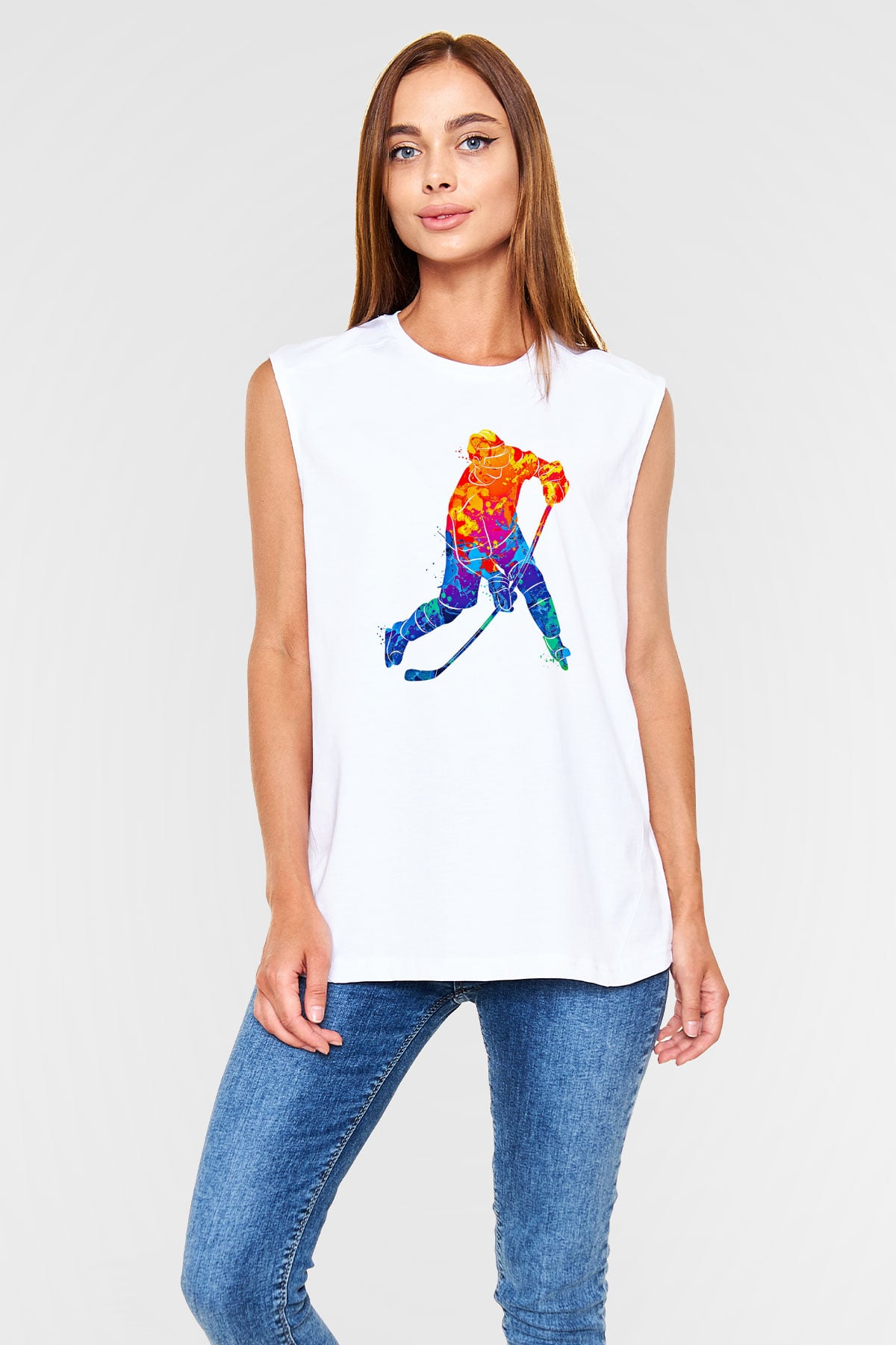 Buz Hokeyi Baskılı Unisex Kolsuz Beyaz Tişört