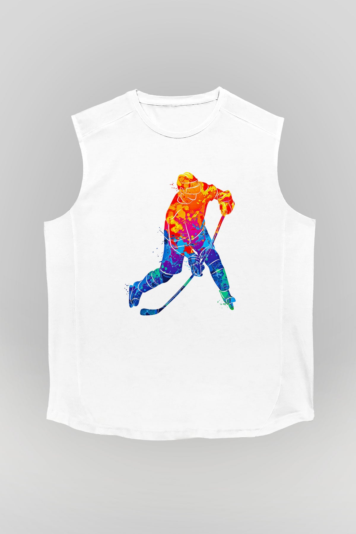 Buz Hokeyi Baskılı Unisex Kolsuz Beyaz Tişört