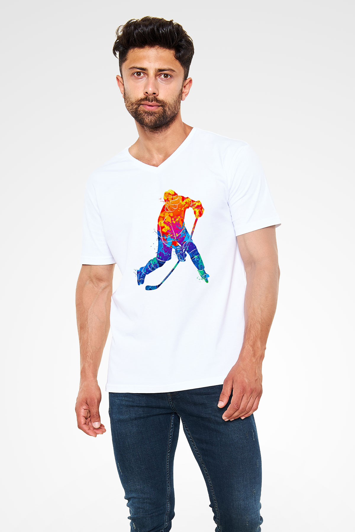 Buz Hokeyi Baskılı Unisex V Yaka Tişört - Tshirt