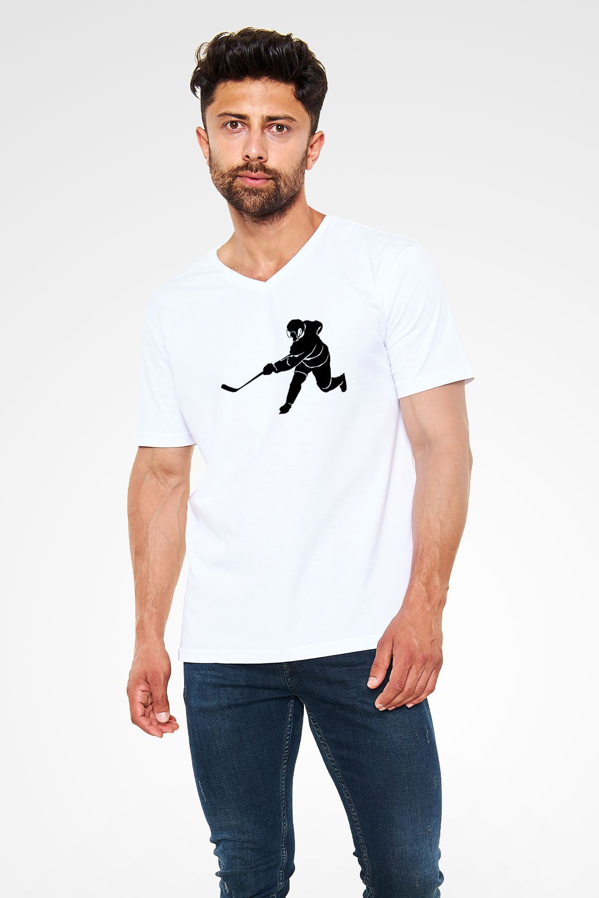 Buz Hokeyi Baskılı Unisex V Yaka Tişört - Tshirt
