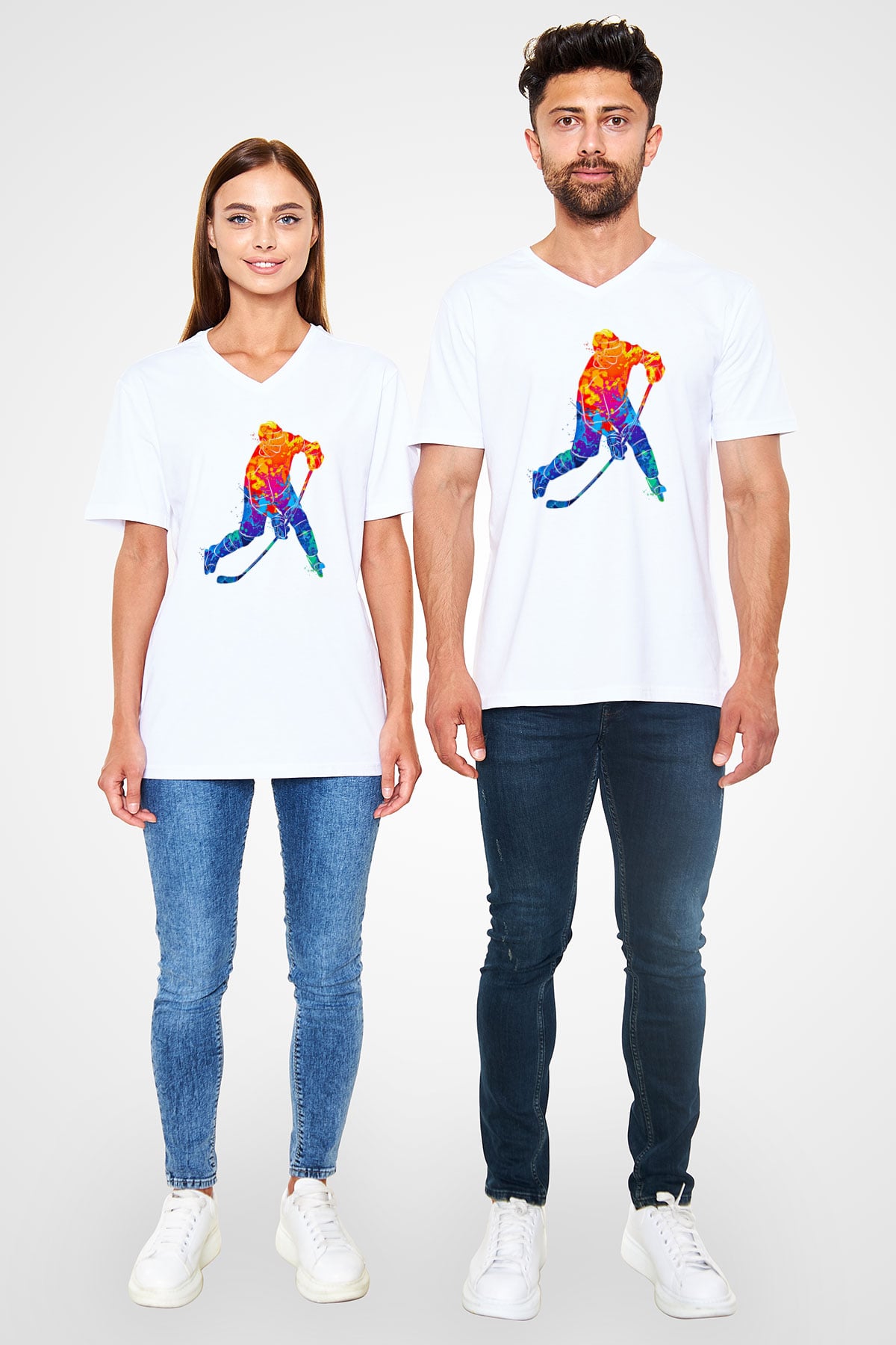 Buz Hokeyi Baskılı Unisex V Yaka Tişört - Tshirt