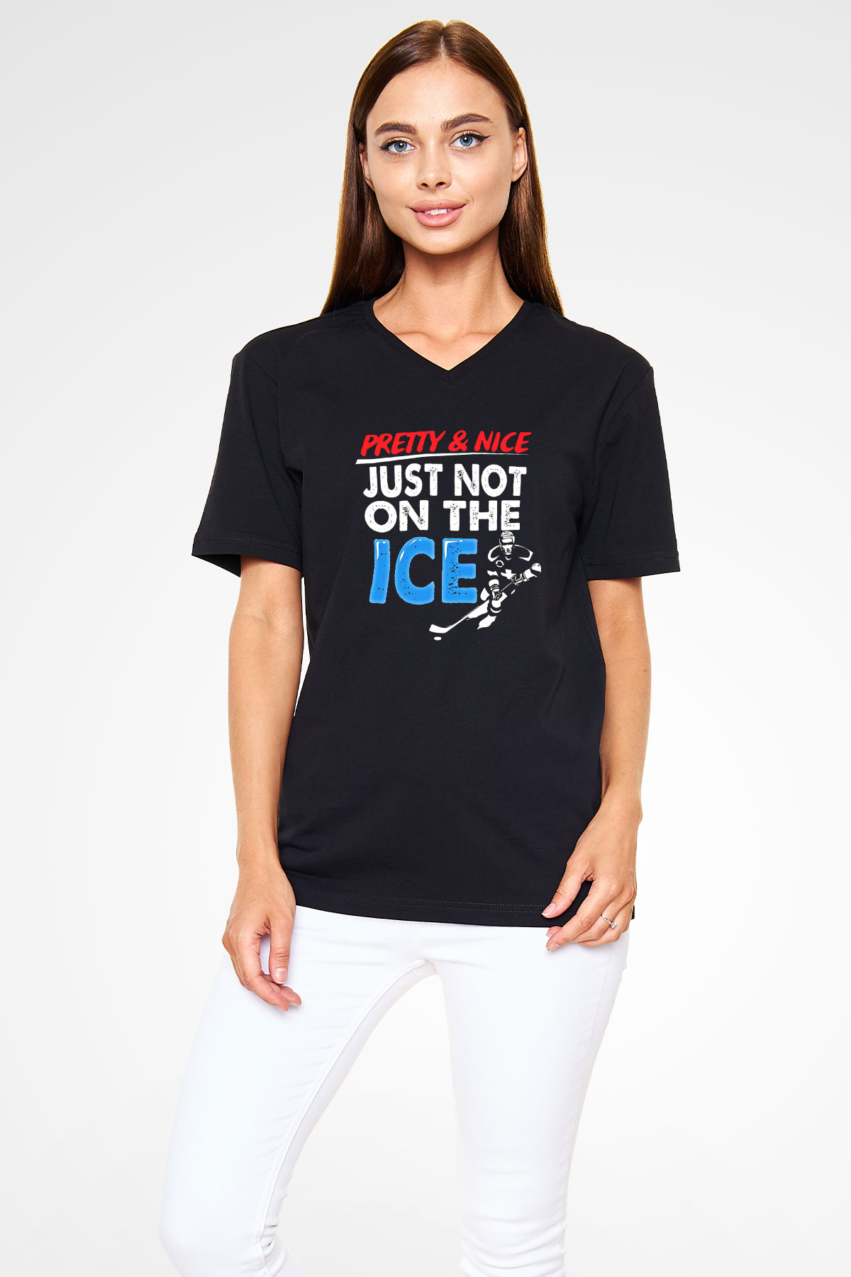 Buz Hokeyi - Ice Hockey Baskılı Unisex Siyah V Yaka Tişört