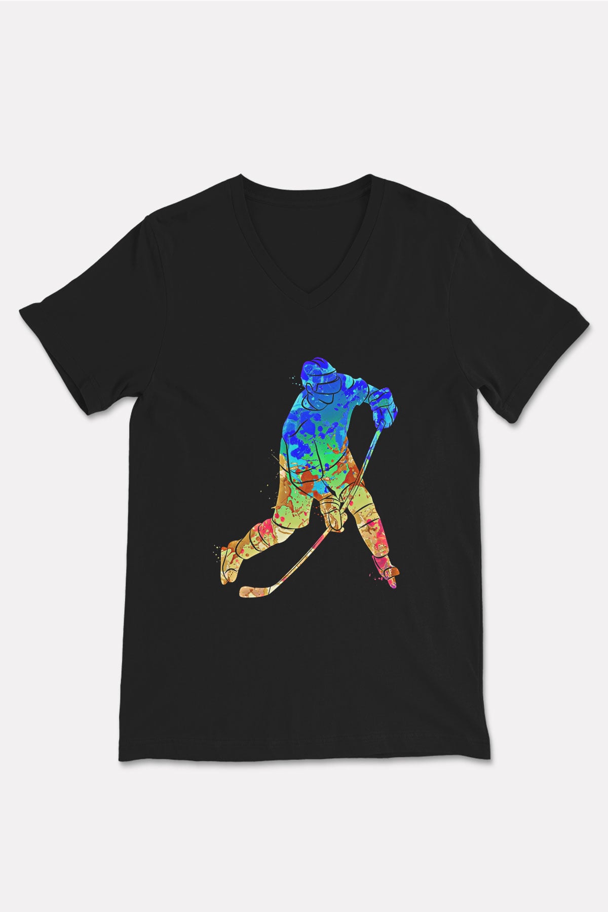 Buz Hokeyi - Ice Hockey Baskılı Unisex Siyah V Yaka Tişört