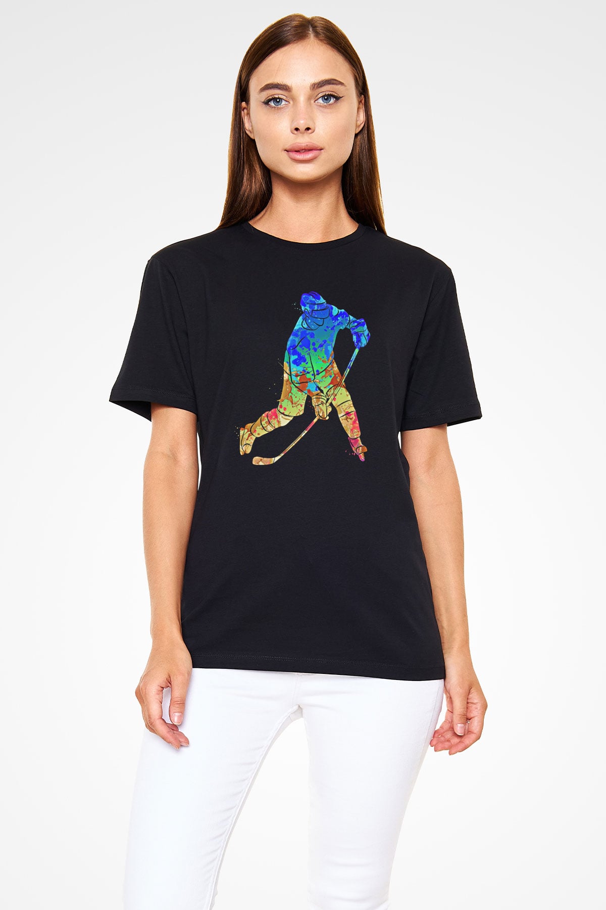 Buz Hokeyi - Ice Hockey Baskılı Unisex Siyah Tişört - Tshirt