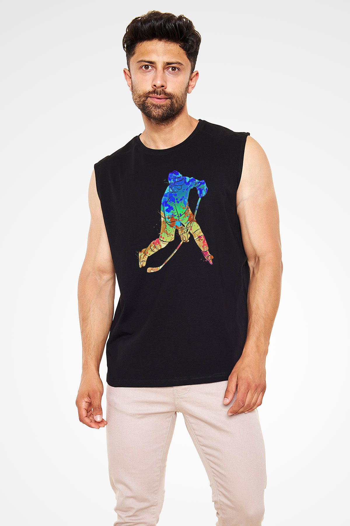Buz Hokeyi - Ice Hockey Baskılı Unisex Siyah Kolsuz Tişört