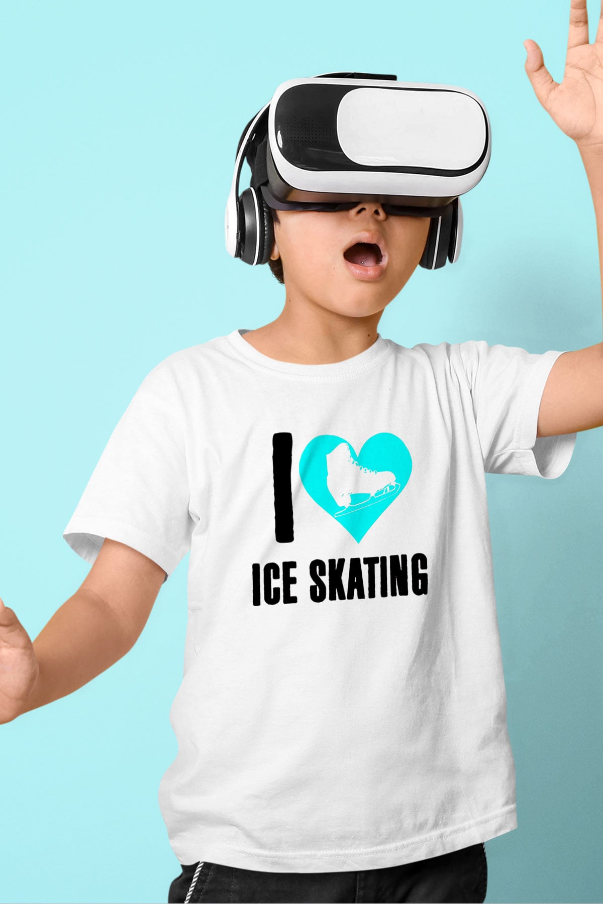 Buz Pateni Baskılı Unisex Beyaz Çocuk Tişört - Tshirt