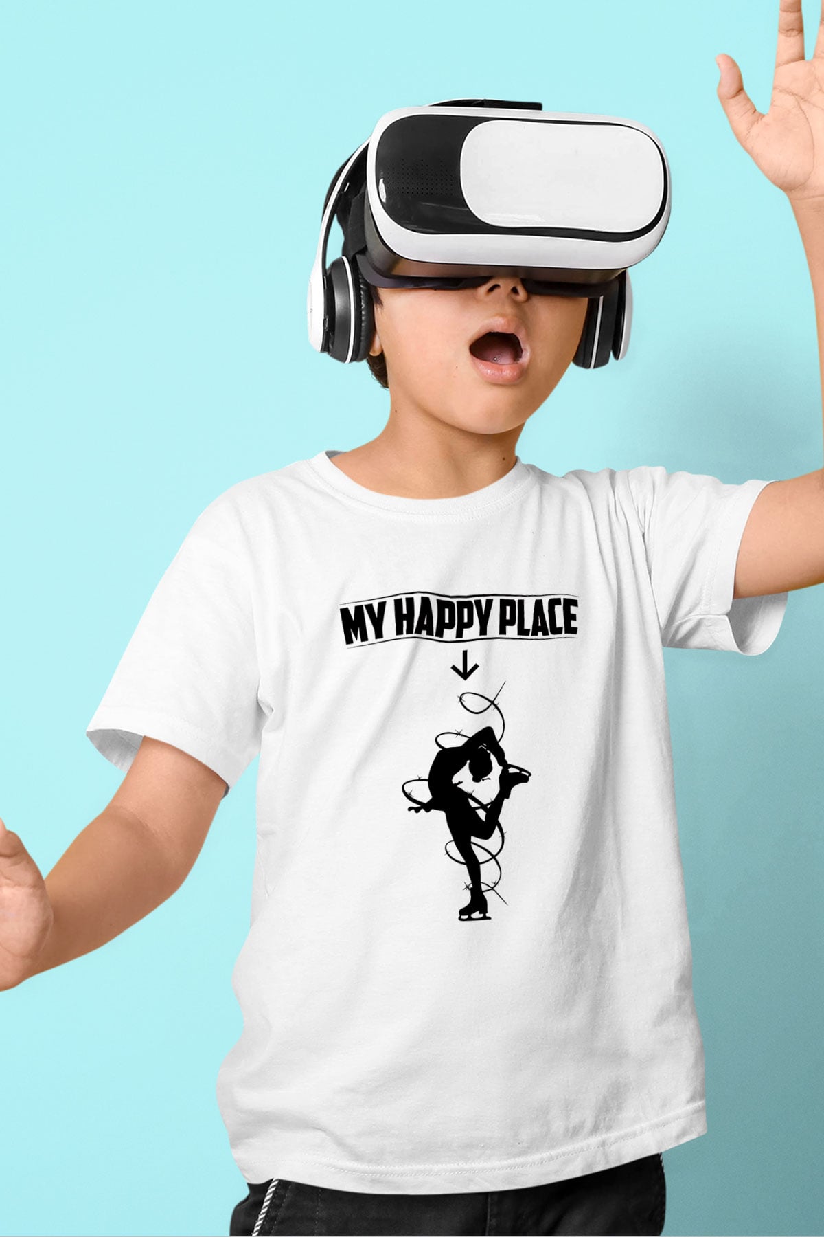 Buz Pateni Baskılı Unisex Beyaz Çocuk Tişört - Tshirt
