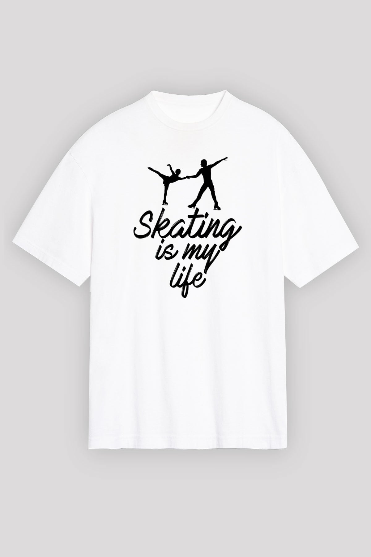 Buz Pateni Baskılı Unisex Beyaz Oversize Tişört - Tshirt