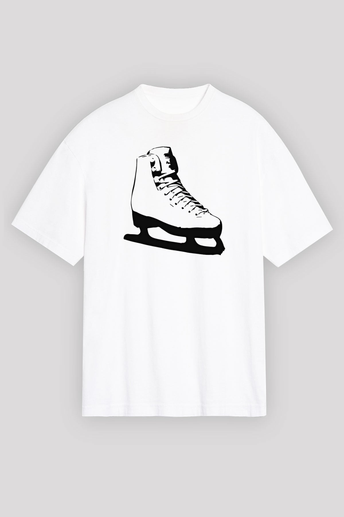 Buz Pateni Baskılı Unisex Beyaz Oversize Tişört - Tshirt