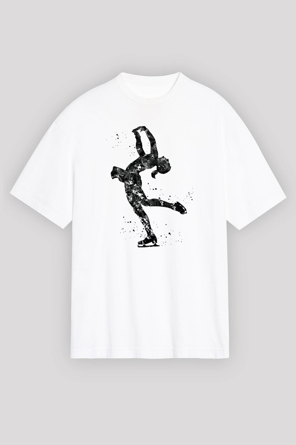 Buz Pateni Baskılı Unisex Beyaz Oversize Tişört - Tshirt