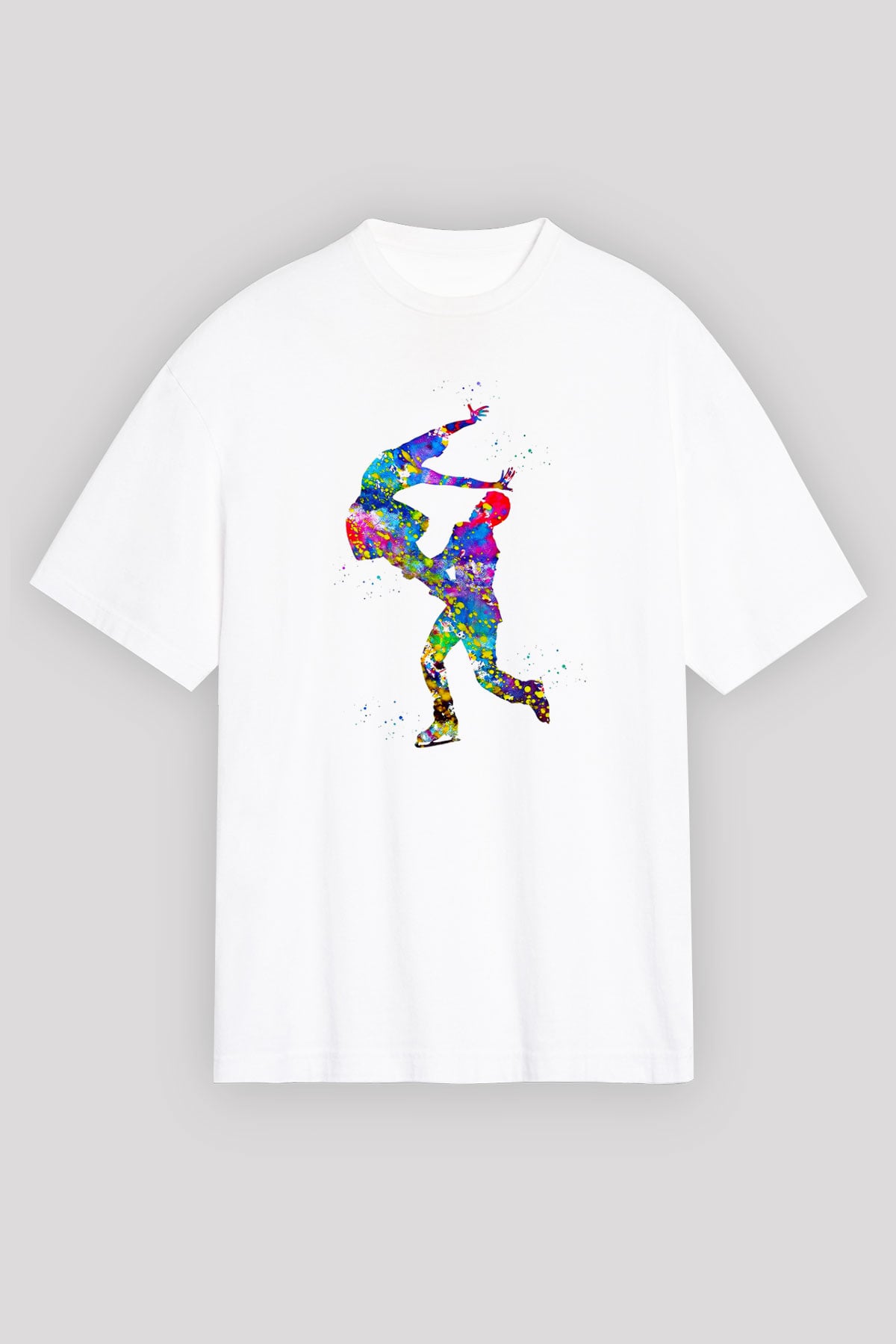 Buz Pateni Baskılı Unisex Beyaz Oversize Tişört - Tshirt