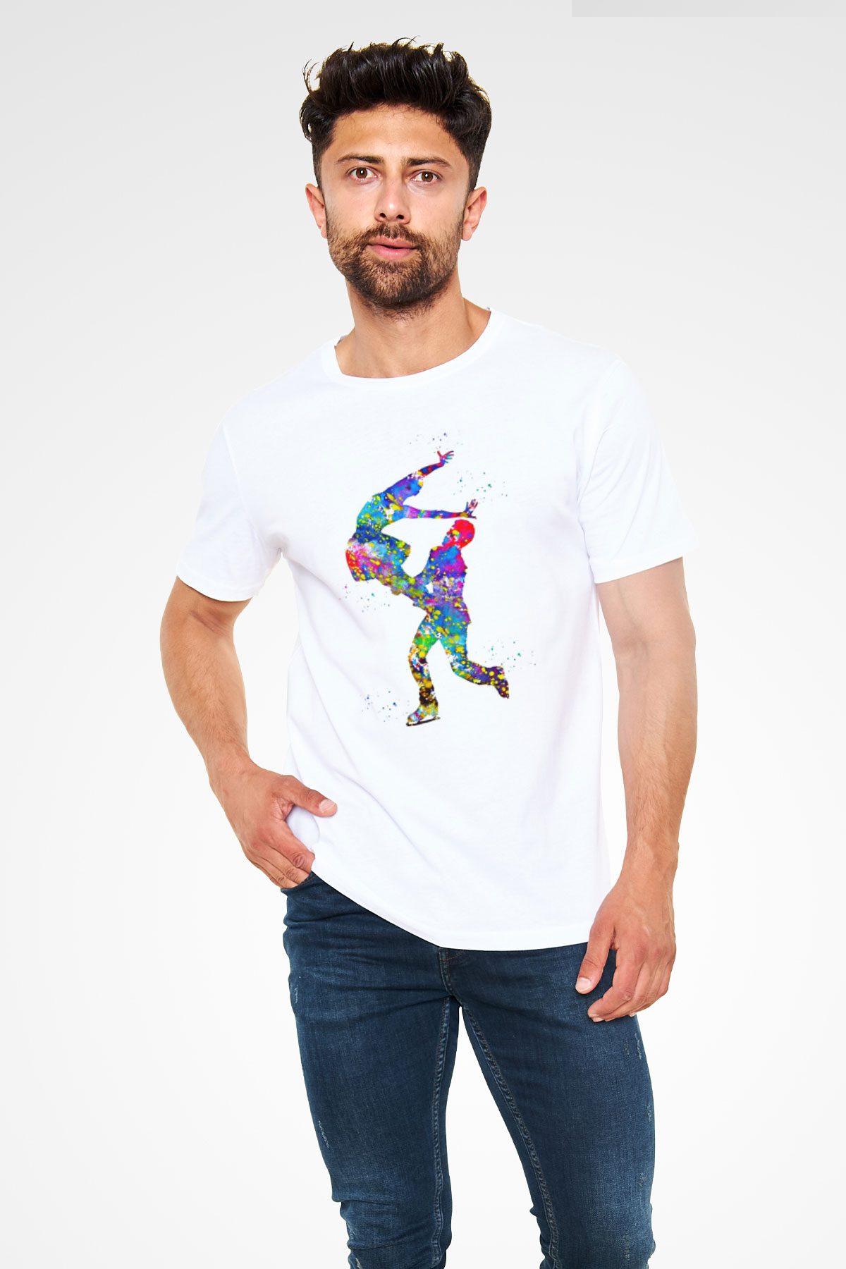 Buz Pateni Baskılı Unisex Beyaz Tişört - Tshirt