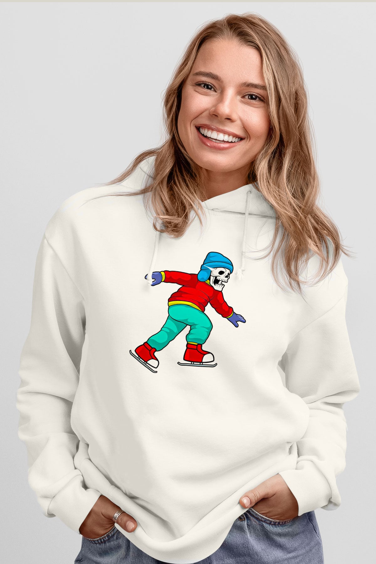 Buz Pateni Baskılı Unisex Ekru Hoodie