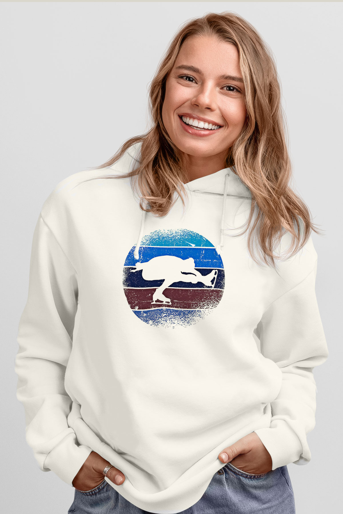 Buz Pateni Baskılı Unisex Ekru Hoodie