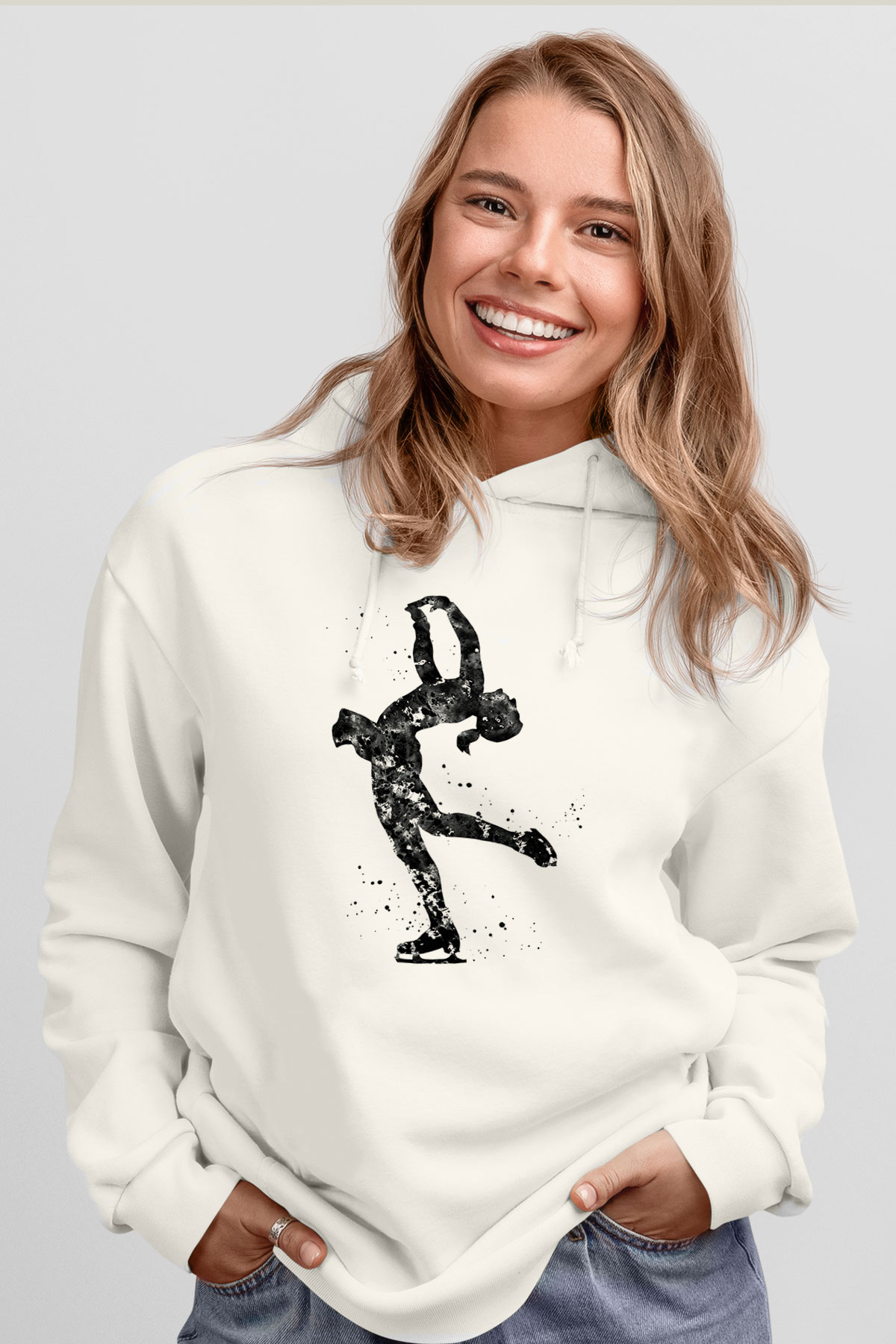 Buz Pateni Baskılı Unisex Ekru Hoodie