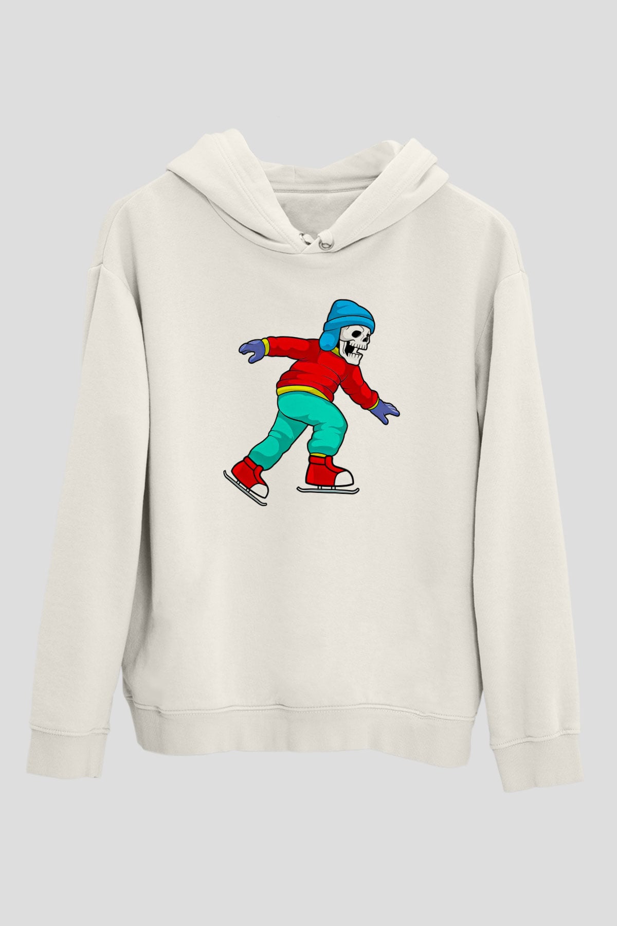 Buz Pateni Baskılı Unisex Ekru Hoodie