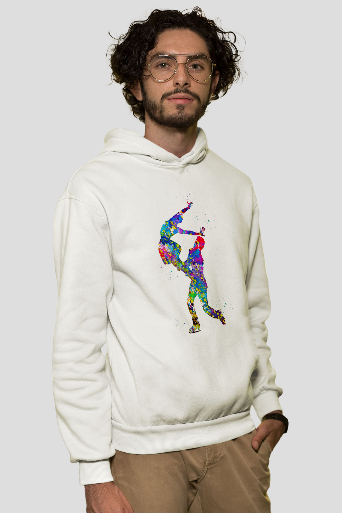 Buz Pateni Baskılı Unisex Ekru Hoodie