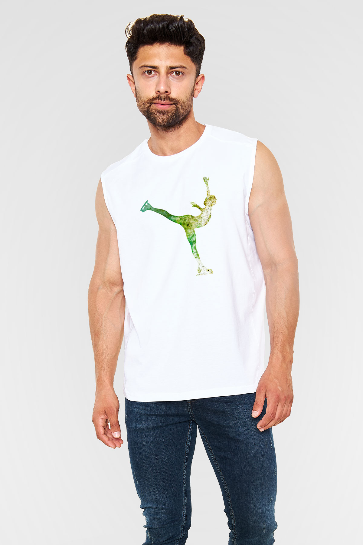 Buz Pateni Baskılı Unisex Kolsuz Beyaz Tişört