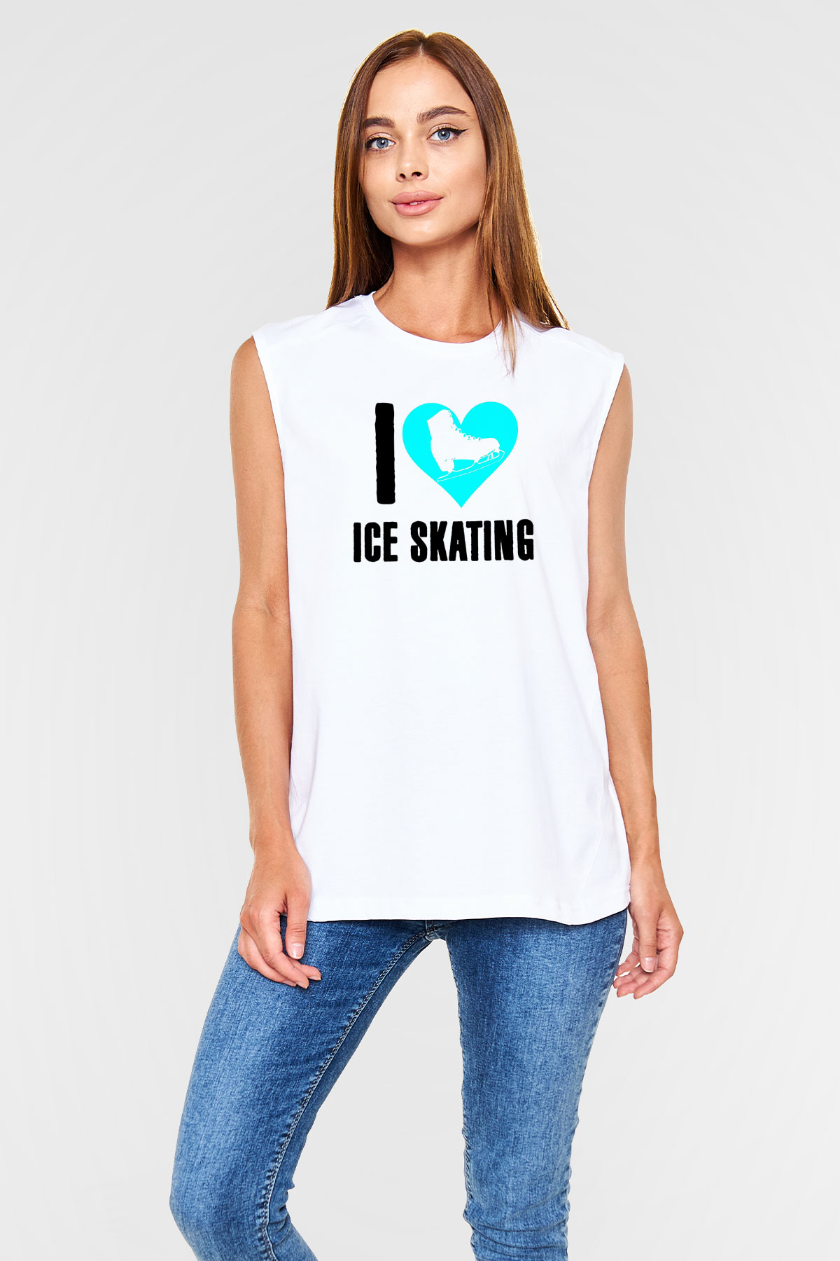 Buz Pateni Baskılı Unisex Kolsuz Beyaz Tişört